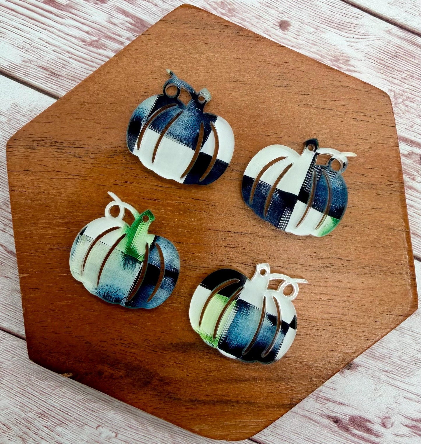Set of 2 Pumpkin Black and White Checkered Watercolor Print Acrylic Fall Earring Blanks DIY Jewelry Making