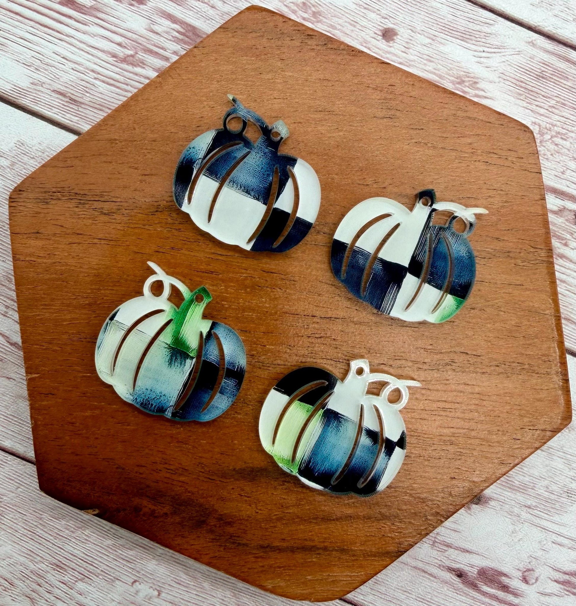 Set of 2 Pumpkin Black and White Checkered Watercolor Print Acrylic Fall Earring Blanks DIY Jewelry Making