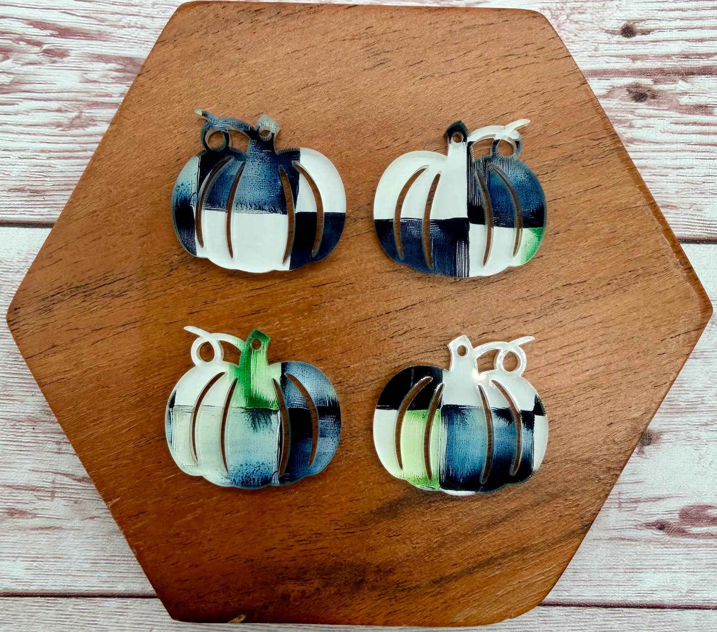 Set of 2 Pumpkin Black and White Checkered Watercolor Print Acrylic Fall Earring Blanks DIY Jewelry Making