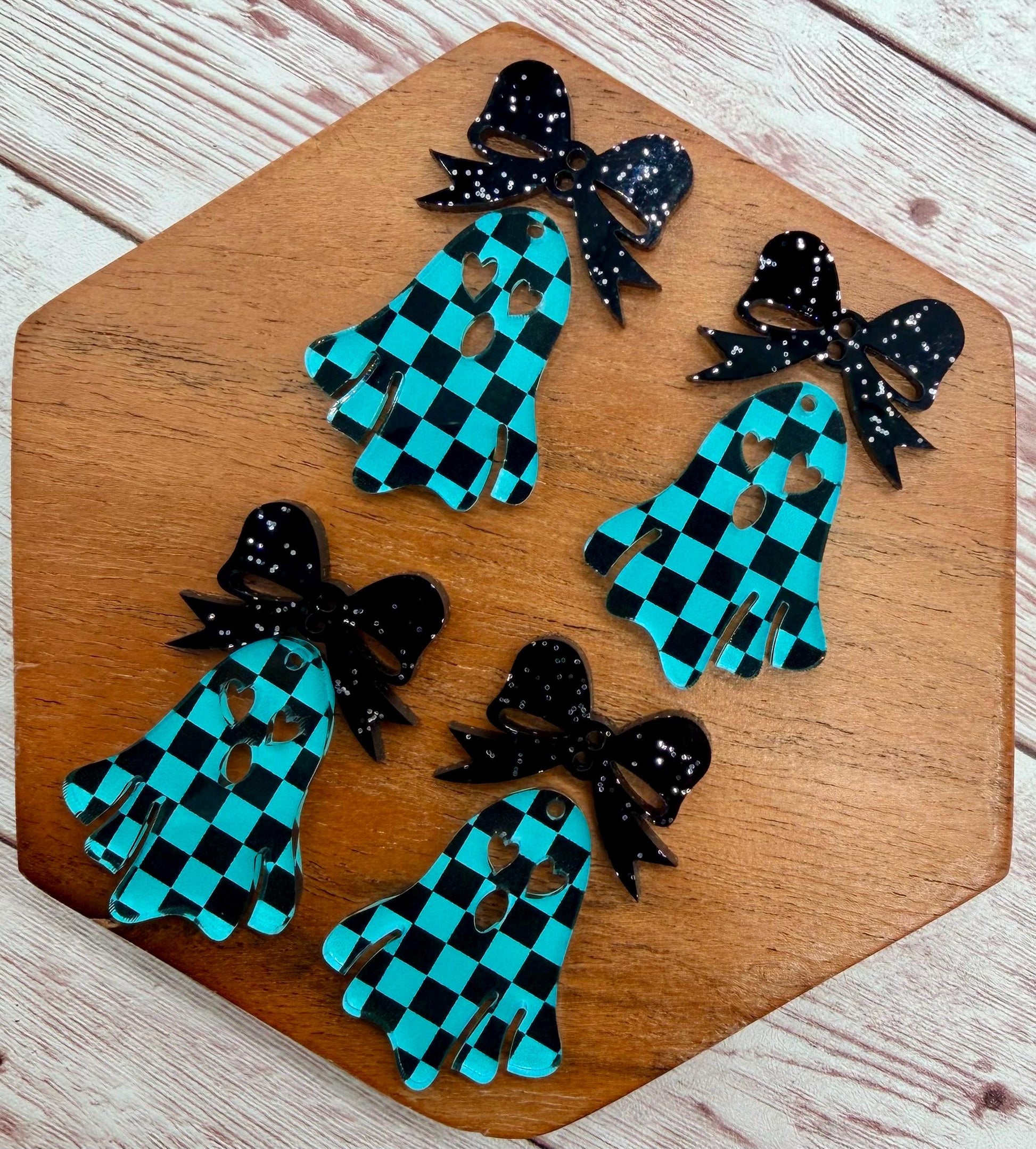 Teal and Black Checkered Ghost and Black Glitter Bow Fall Halloween Set Earring Blanks, DIY Jewelry Making