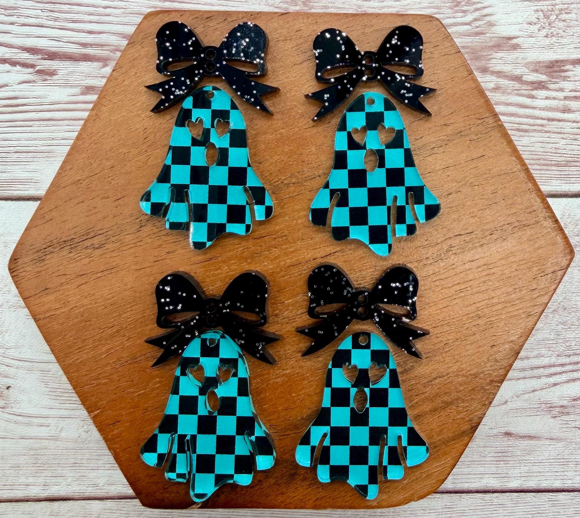 Teal and Black Checkered Ghost and Black Glitter Bow Fall Halloween Set Earring Blanks, DIY Jewelry Making