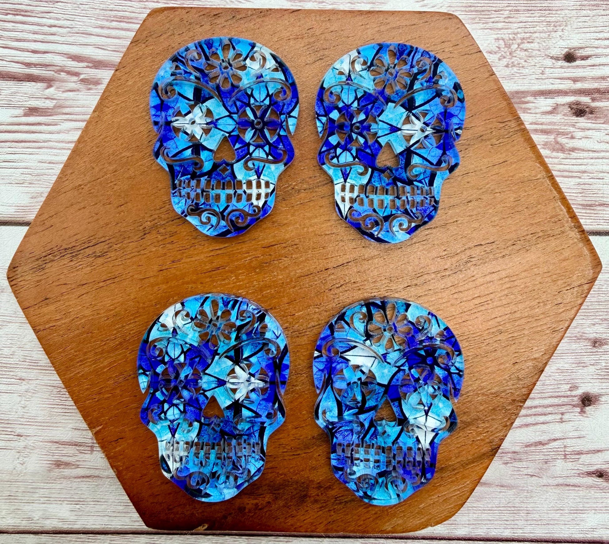 Blue Print Intricate Sugar Skull Acrylic Fall Halloween Earring Blanks, DIY Jewelry Making