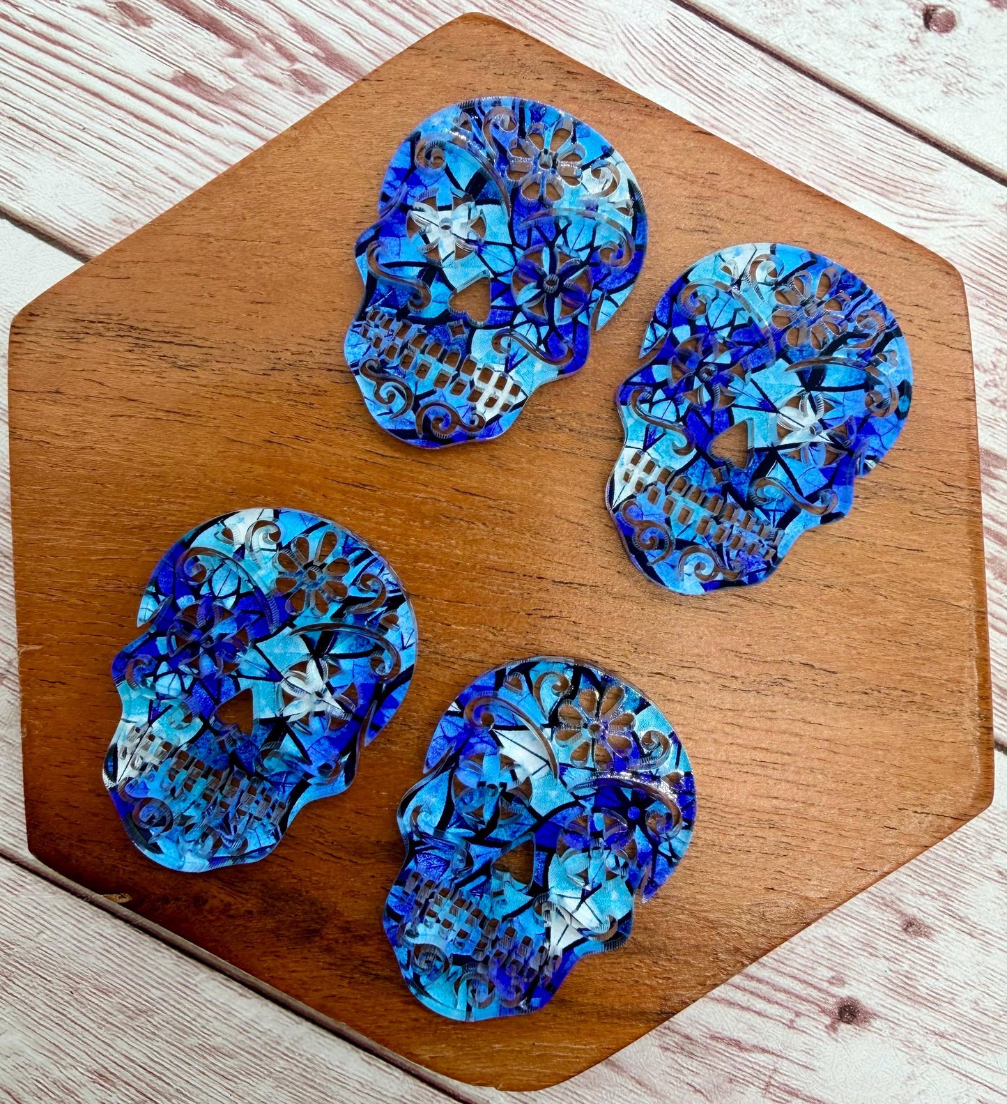 Blue Print Intricate Sugar Skull Acrylic Fall Halloween Earring Blanks, DIY Jewelry Making