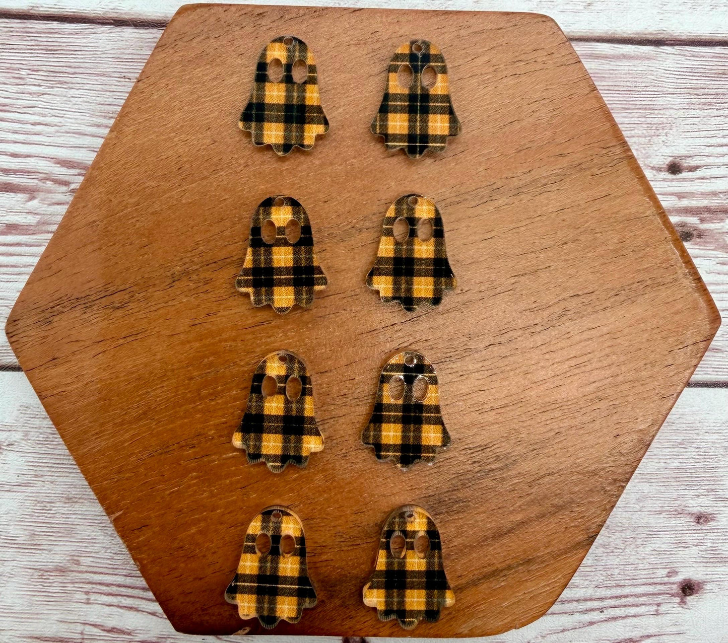 Set of 4 Pair Orange and Black Plaid Acrylic Mini Ghost Dangle Earring Blanks, Halloween, Fall, DIY Jewelry Making