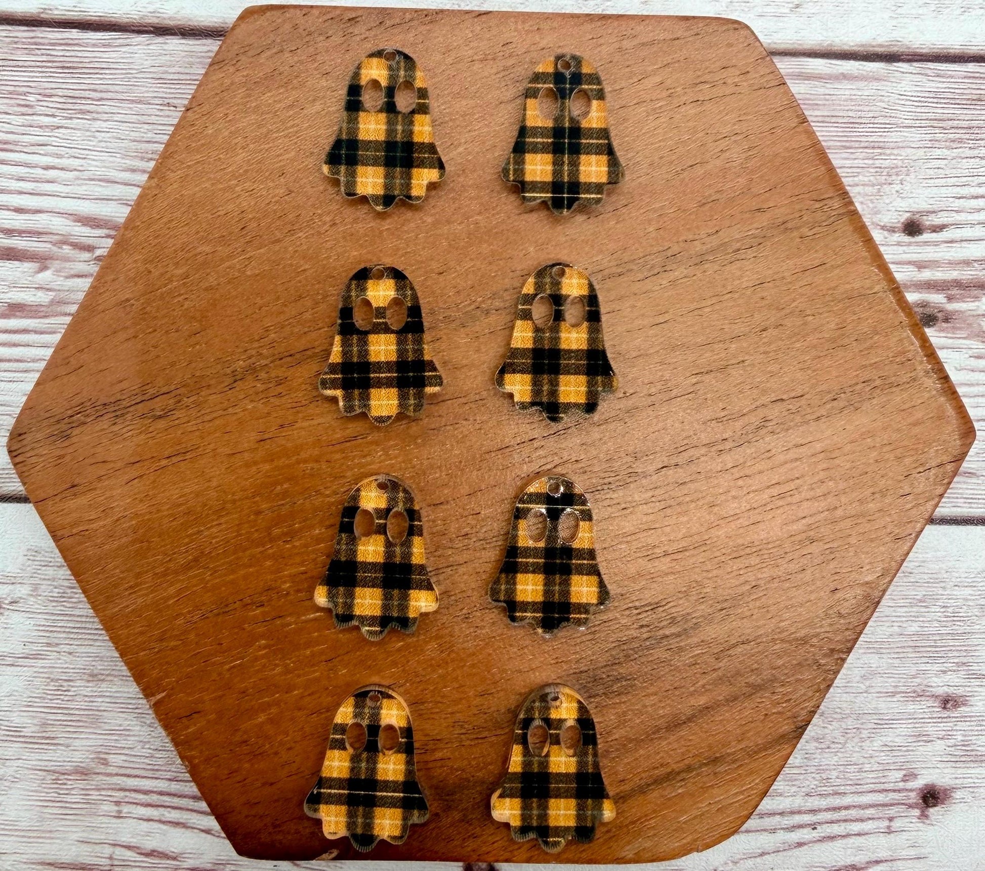Set of 4 Pair Orange and Black Plaid Acrylic Mini Ghost Dangle Earring Blanks, Halloween, Fall, DIY Jewelry Making