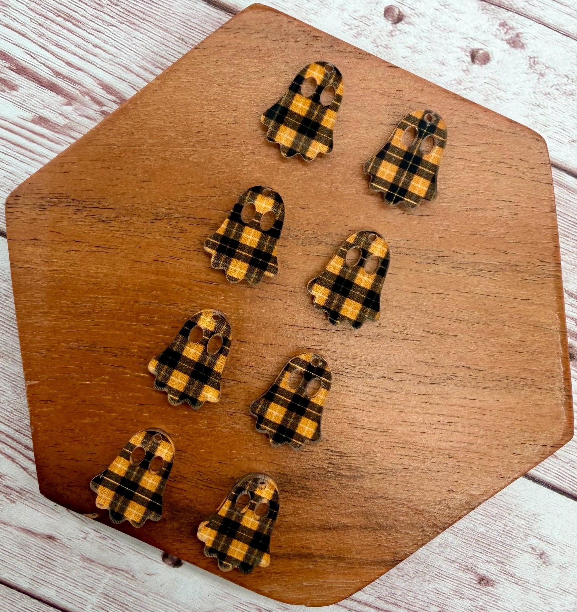 Set of 4 Pair Orange and Black Plaid Acrylic Mini Ghost Dangle Earring Blanks, Halloween, Fall, DIY Jewelry Making