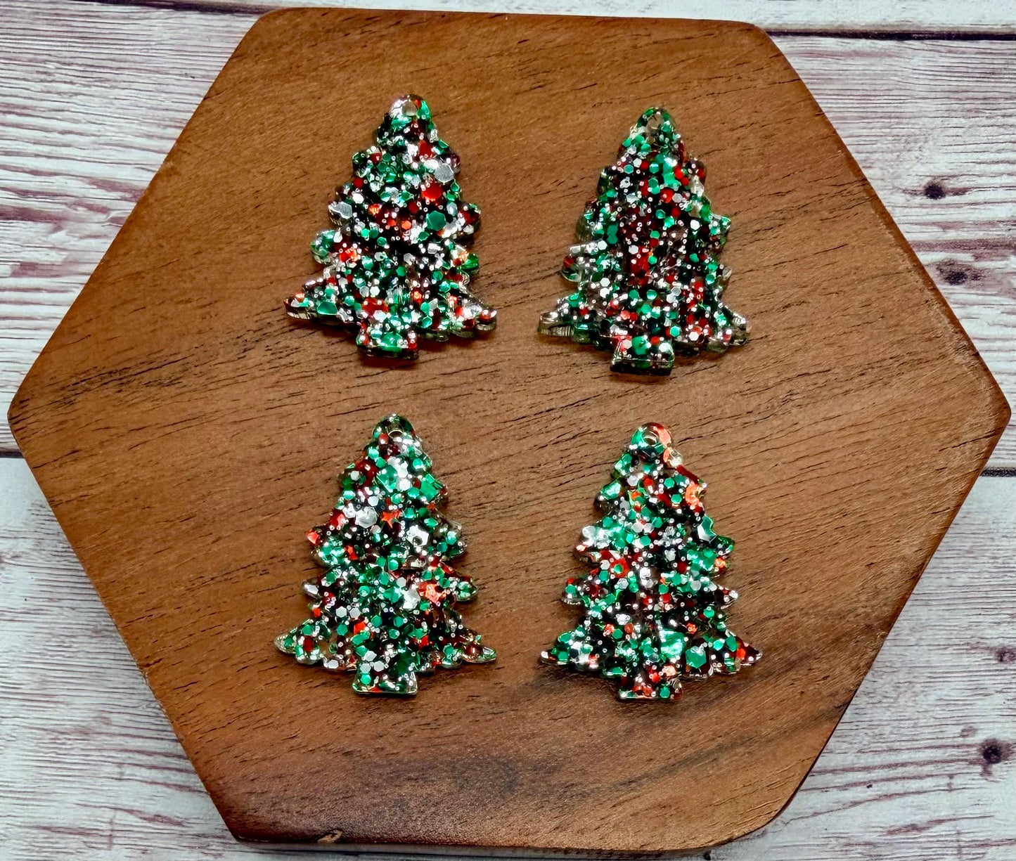 Set of 2 Pair Christmas Tree Green, Red, and Silver Mix Glitter Acrylic Earring Blanks DIY Jewelry Making