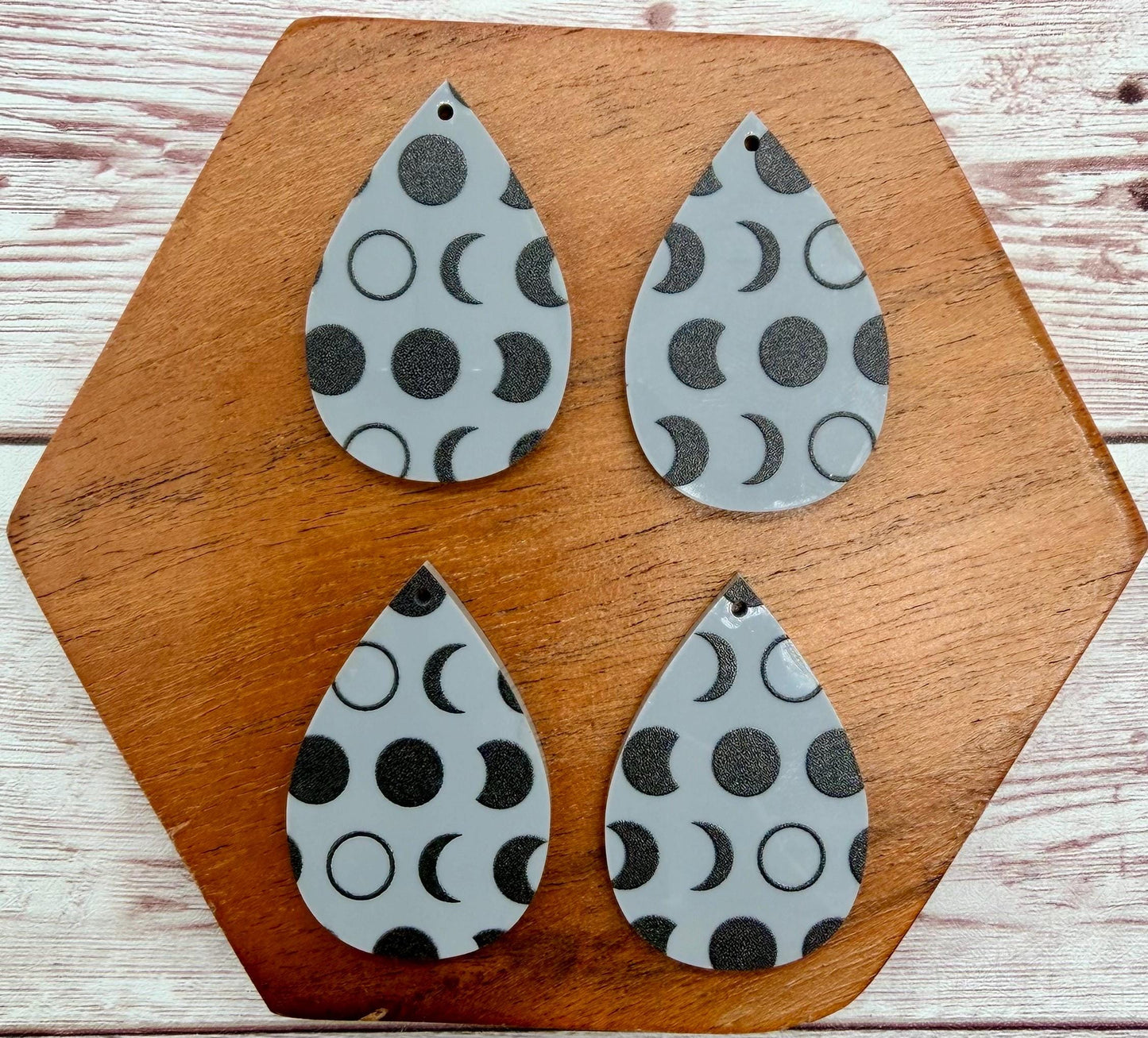 Grey and Black Print Moon Phases Acrylic Teardrop Earring Blanks, DIY Jewelry Making