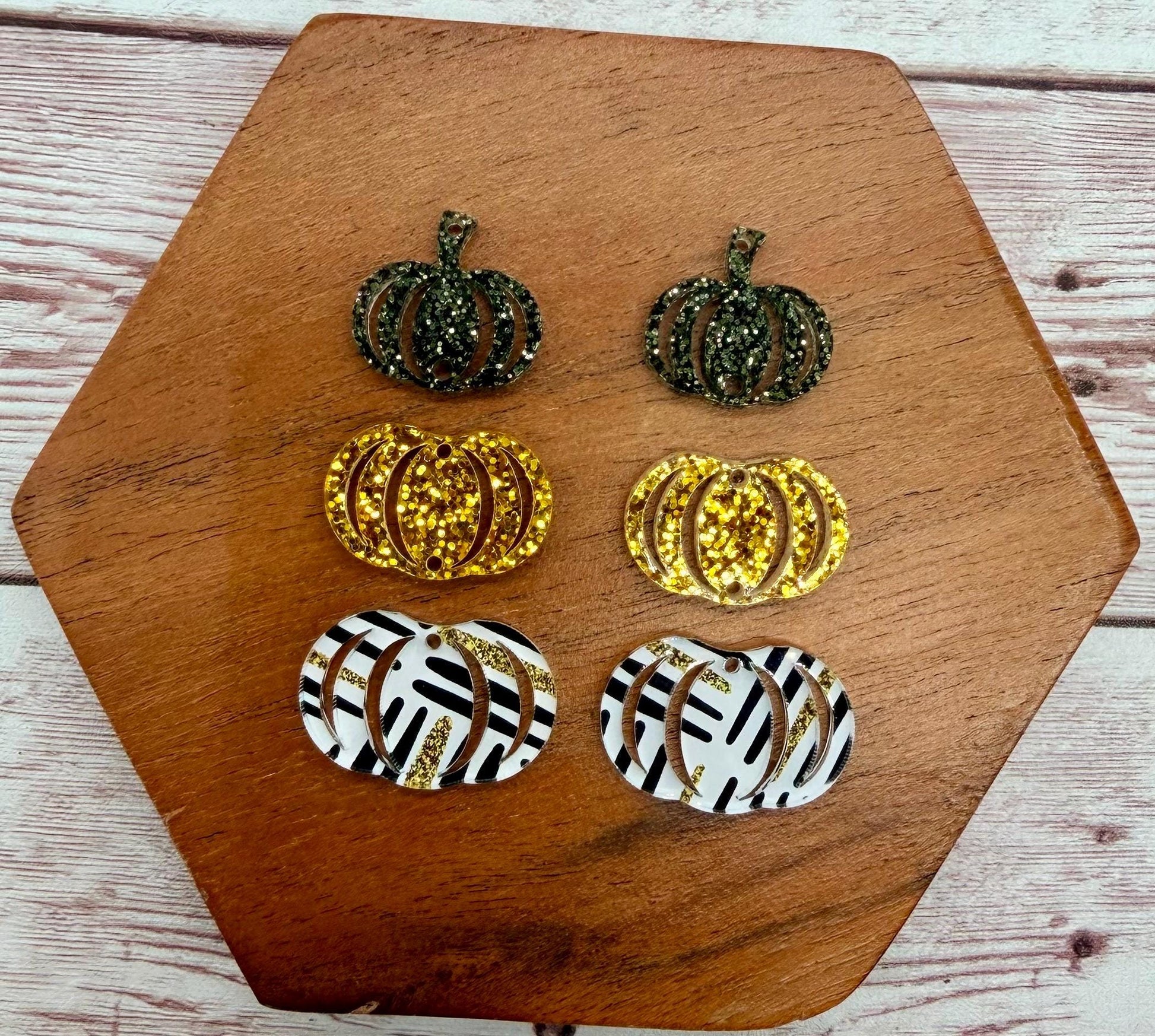 Black, White, and Gold Print Stacked Pumpkin Trio Acrylic Earring Blanks, DIY Jewelry Making