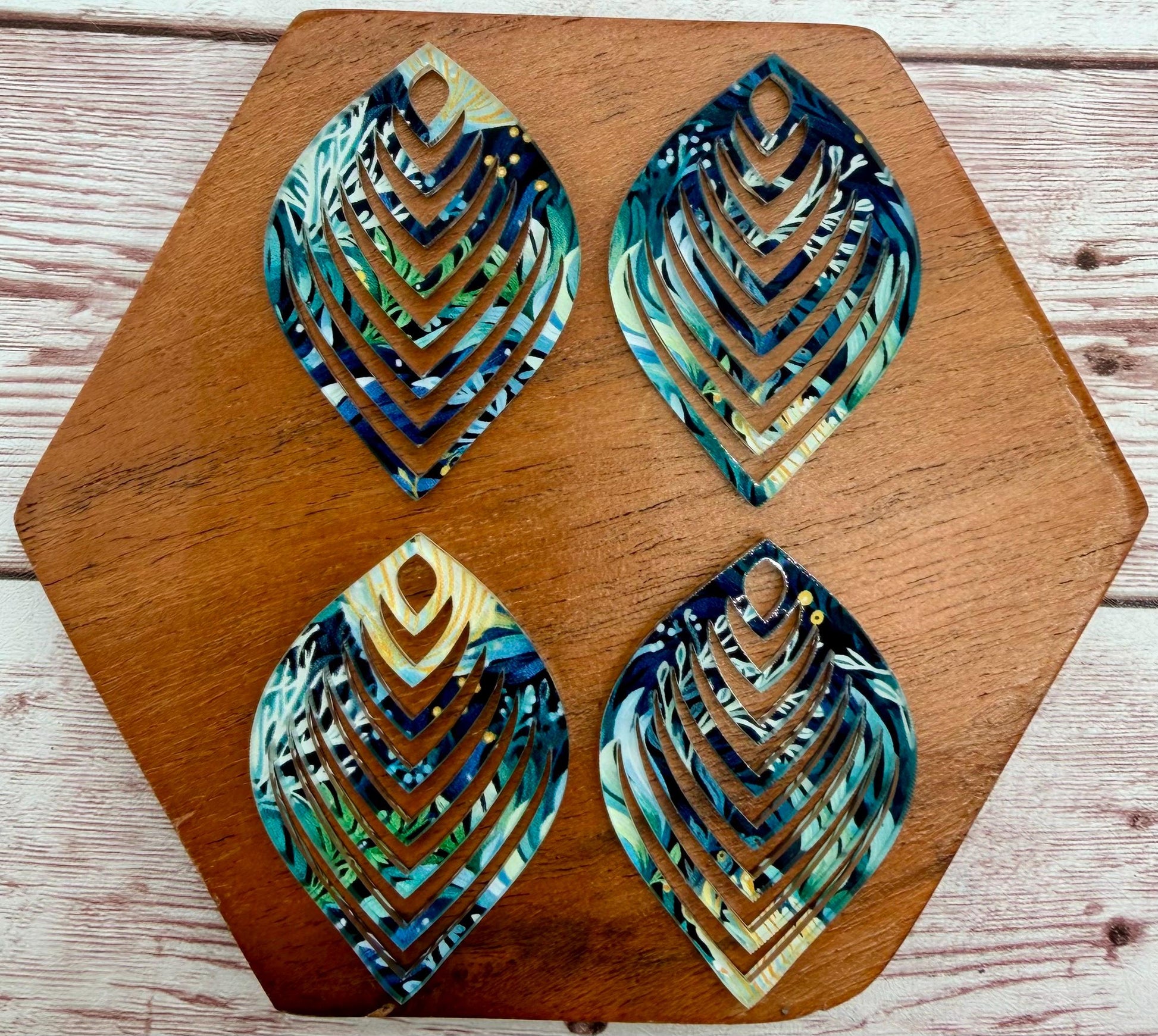 Green, Blue, and Yellow Print Cut Out Rounded Diamond Earring Blanks, DIY Jewelry Making