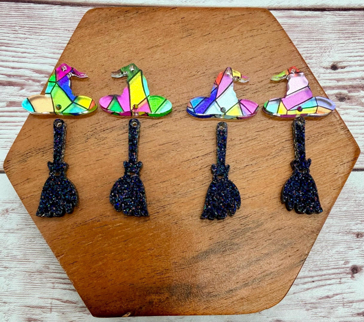 Stained Glass Print Witch Hat and Glitter Broom Halloween Acrylic Earring Blank Set, DIY Jewelry Making