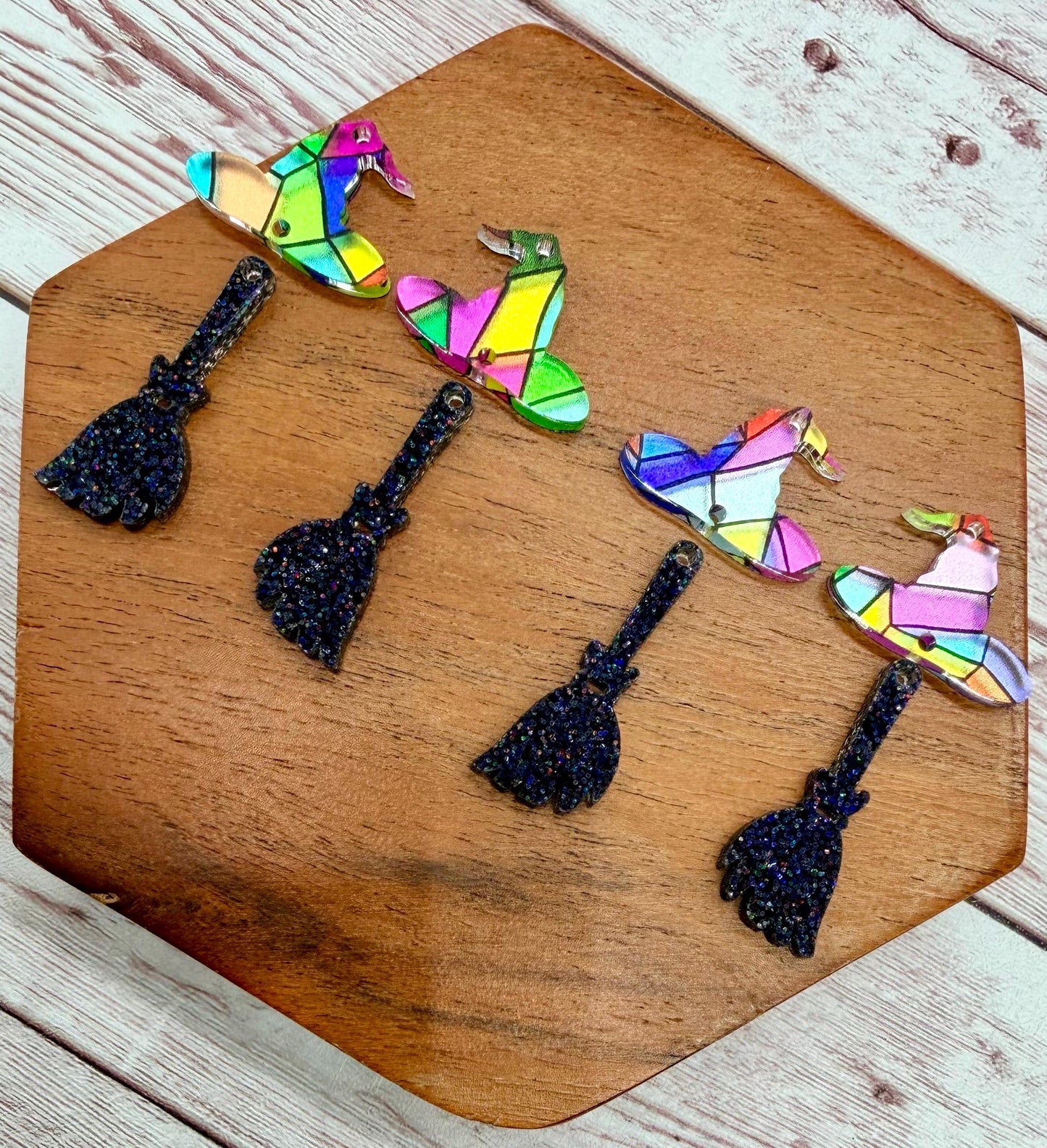 Stained Glass Print Witch Hat and Glitter Broom Halloween Acrylic Earring Blank Set, DIY Jewelry Making