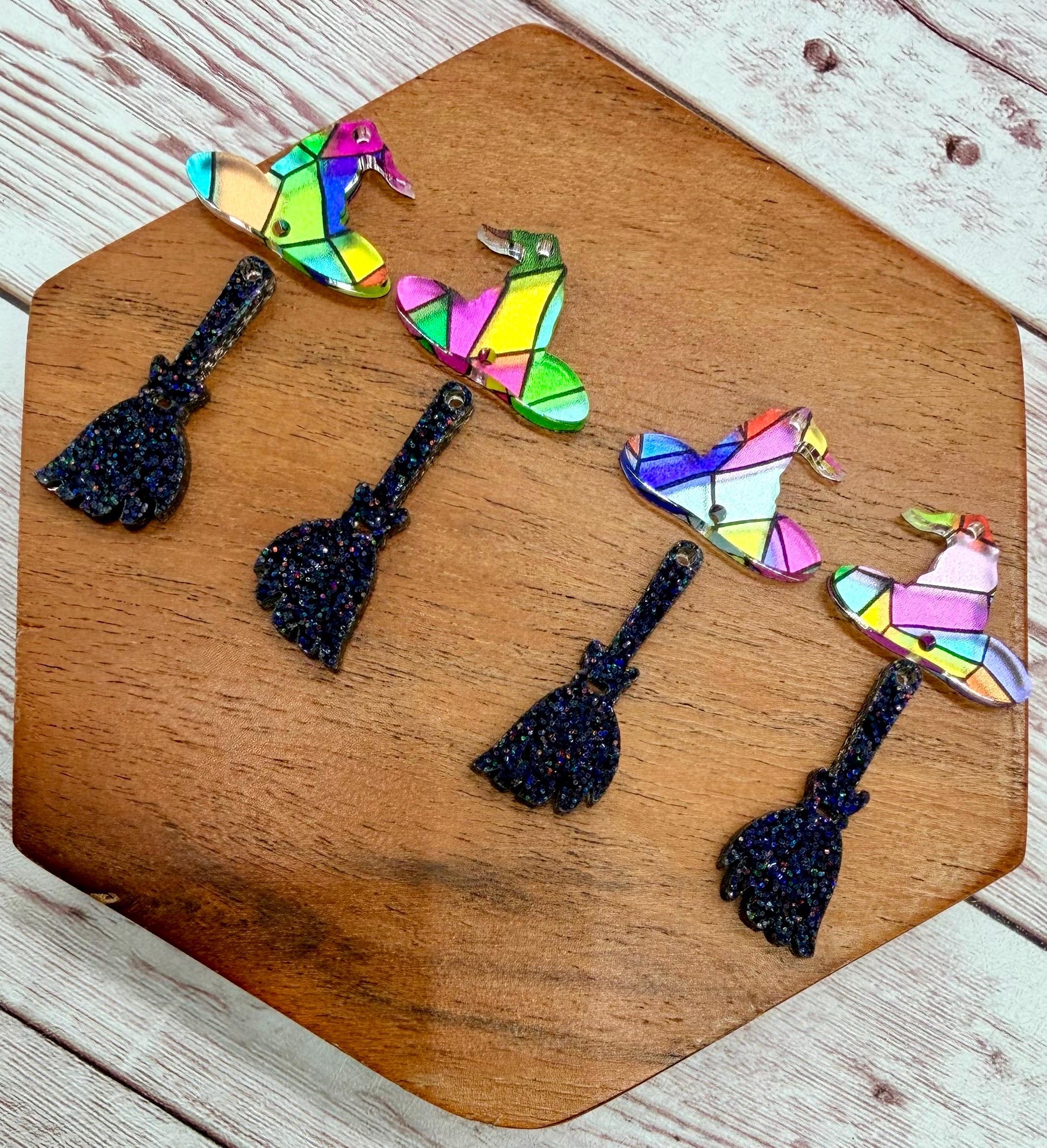 Stained Glass Print Witch Hat and Glitter Broom Halloween Acrylic Earring Blank Set, DIY Jewelry Making