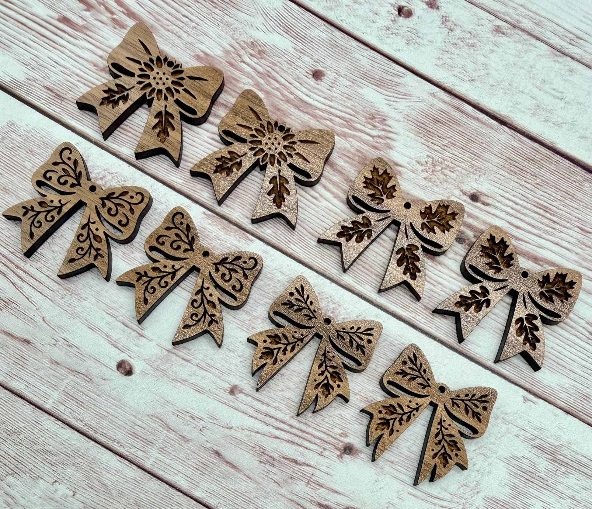 Set of 4 Pair Fall Engraved Bow Finished Walnut Earring Blanks, DIY Jewelry Making