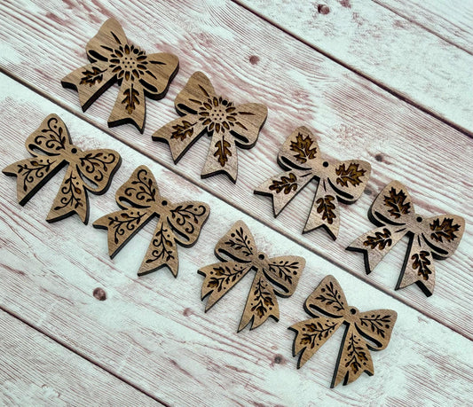 Set of 4 Pair Fall Engraved Bow Finished Walnut Earring Blanks, DIY Jewelry Making