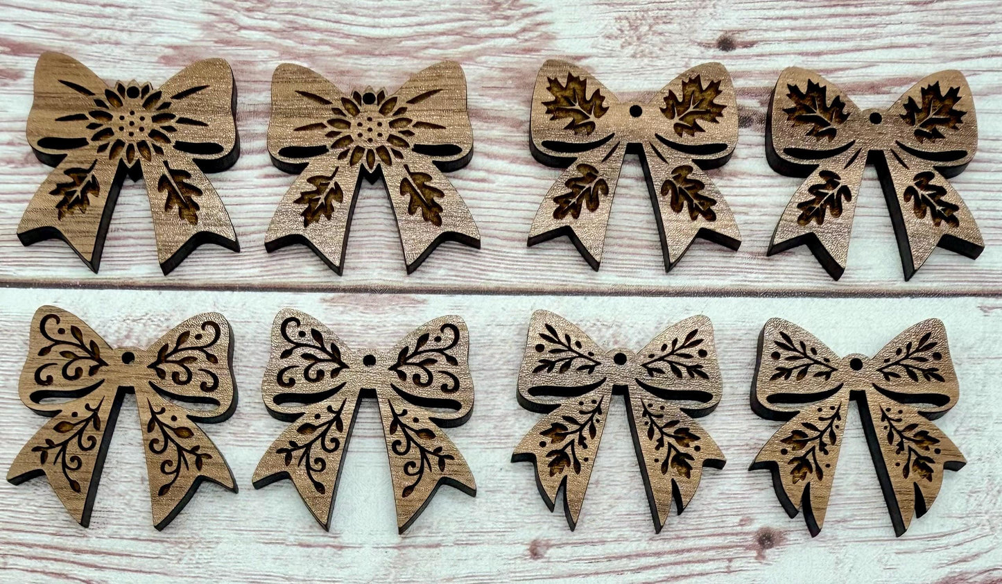 Set of 4 Pair Fall Engraved Bow Finished Walnut Earring Blanks, DIY Jewelry Making