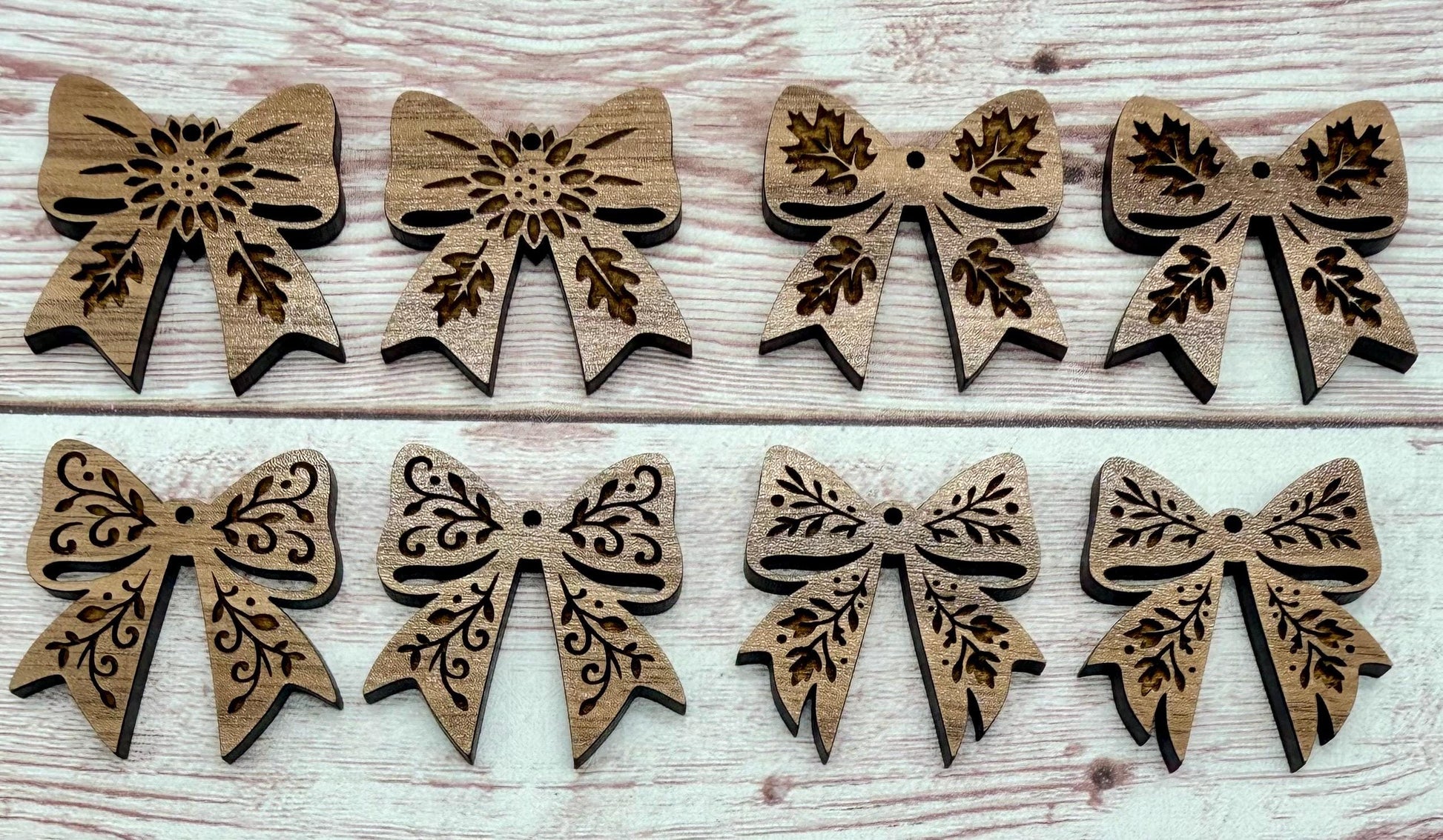 Set of 4 Pair Fall Engraved Bow Finished Walnut Earring Blanks, DIY Jewelry Making