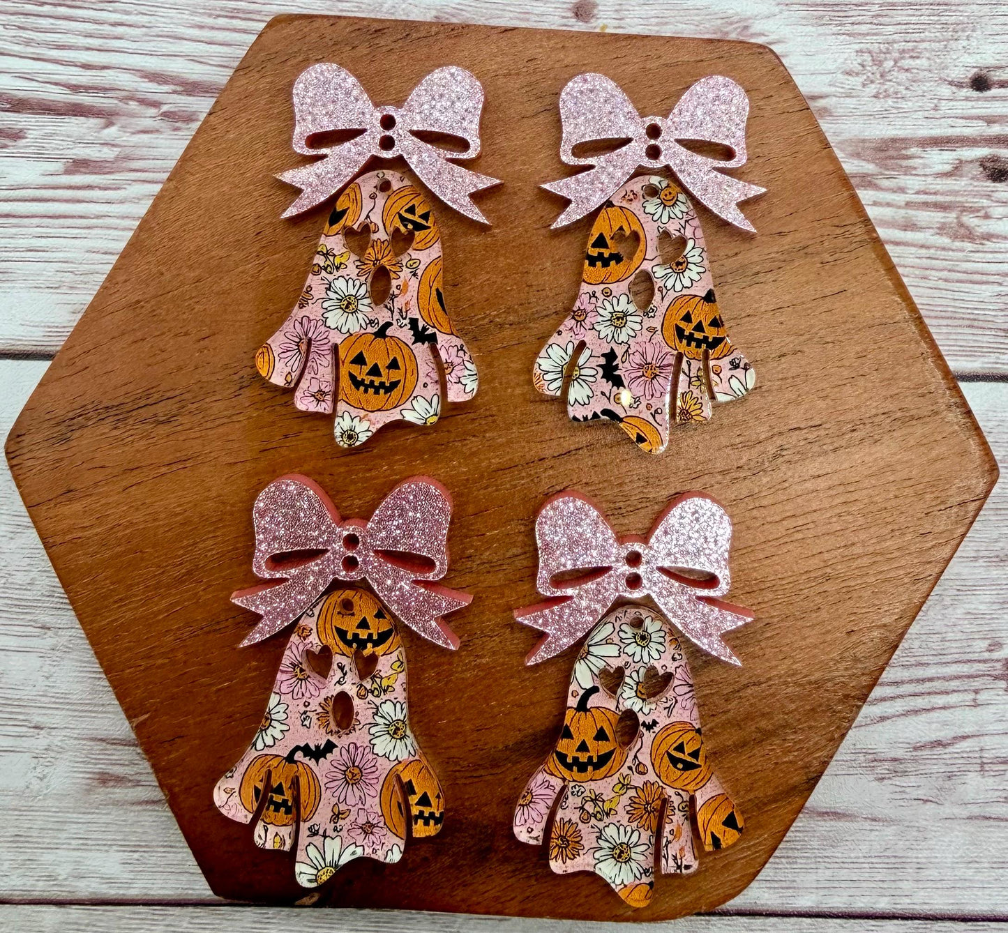 Halloween Flower and Pumpkin Print Ghost and Pink Glitter Bow Fall Halloween Set Earring Blanks, DIY Jewelry Making