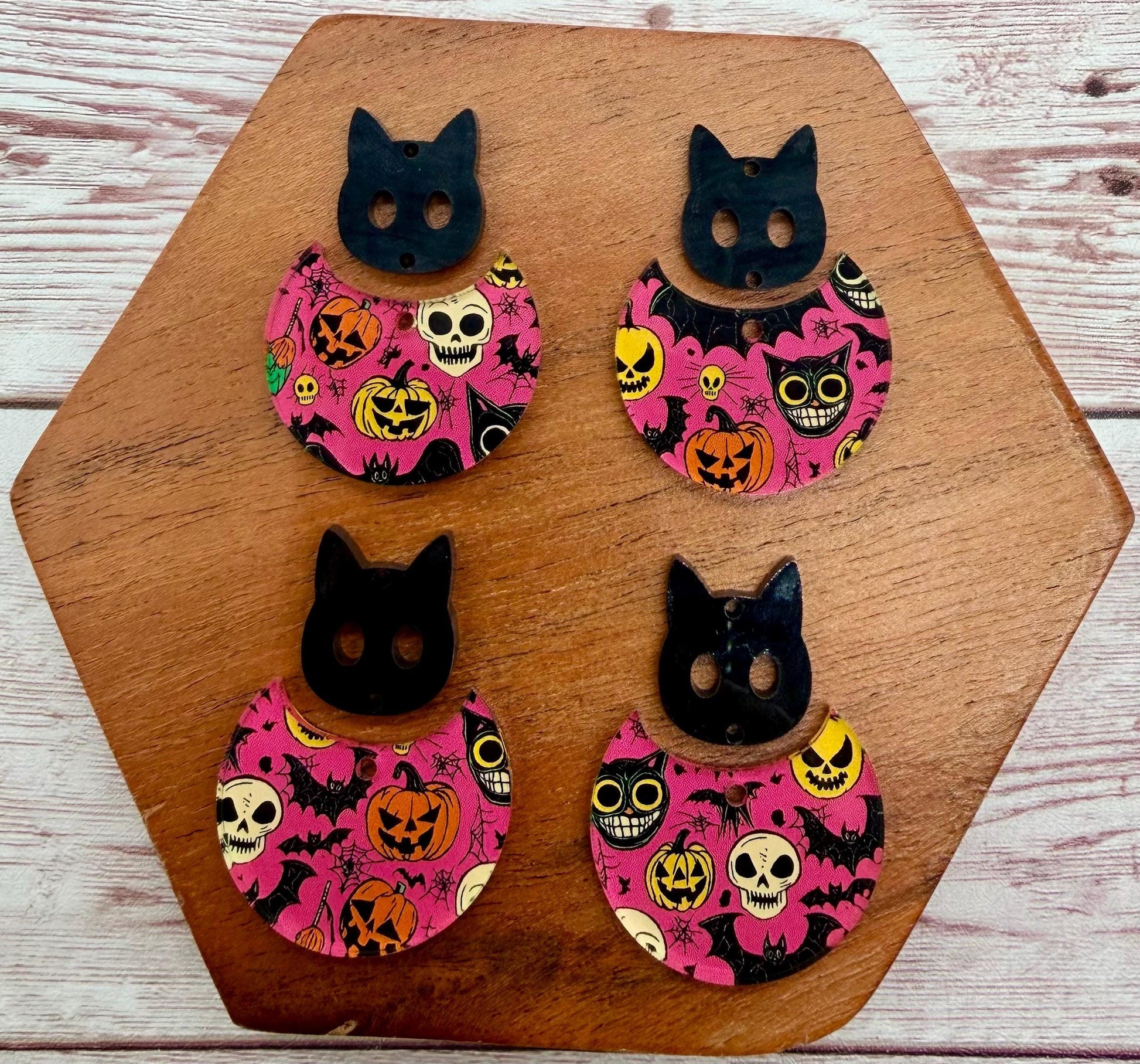 Pink Halloween Print Acrylic and Cat Face Connector, Fall Halloween Set Earring Blanks, DIY Jewelry Making