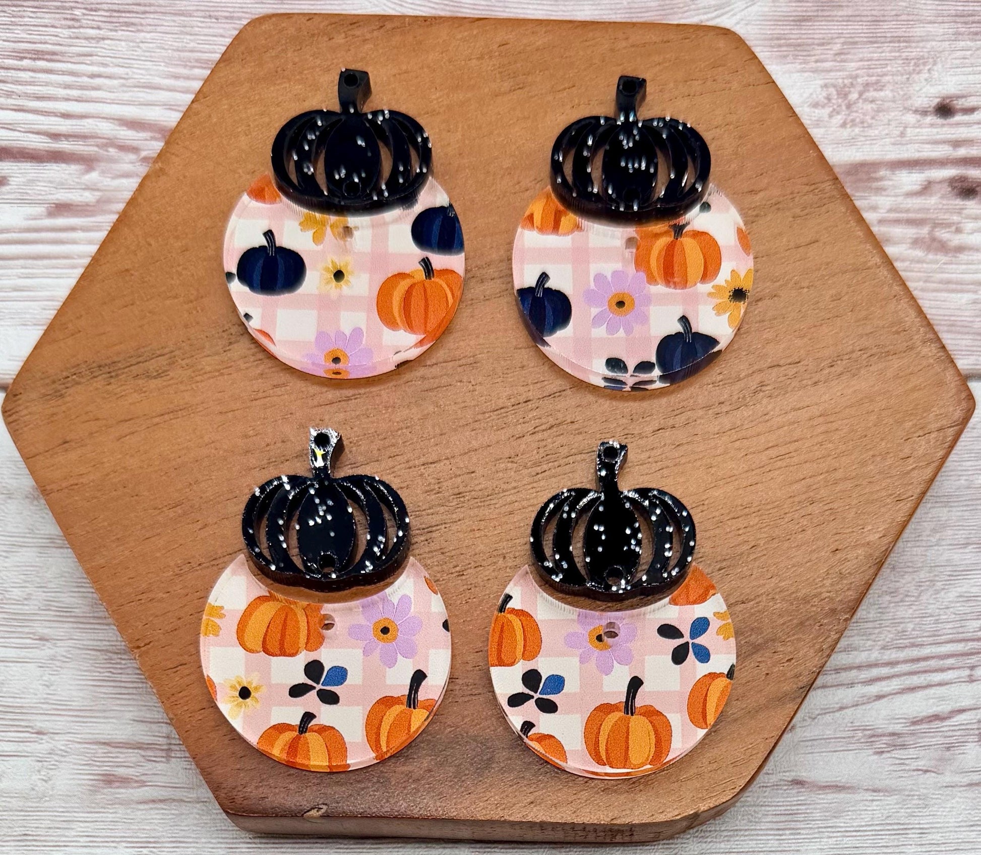 Pink, Black, and Orange Flower and Pumpkin Print Acrylic and Pumpkin Connector, Fall Halloween Set Earring Blanks, DIY Jewelry Making