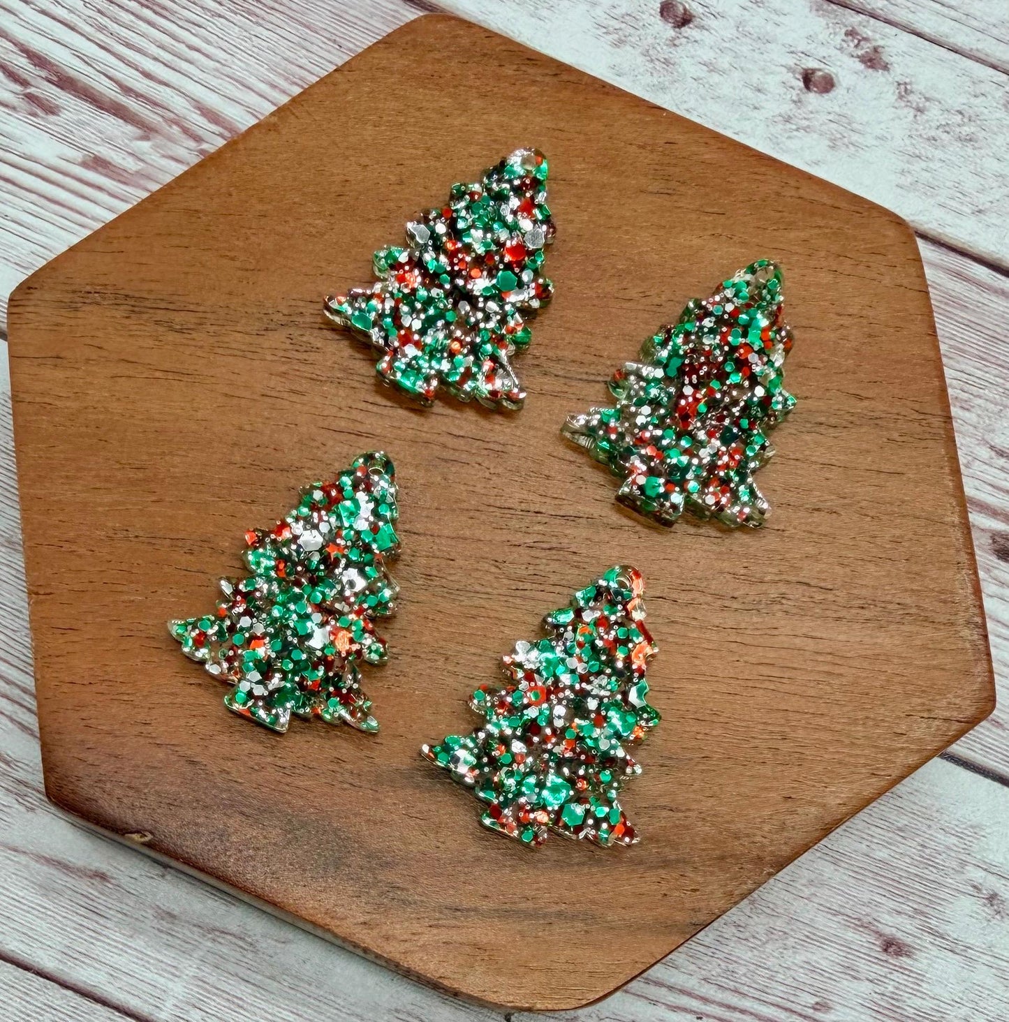 Set of 2 Pair Christmas Tree Green, Red, and Silver Mix Glitter Acrylic Earring Blanks DIY Jewelry Making