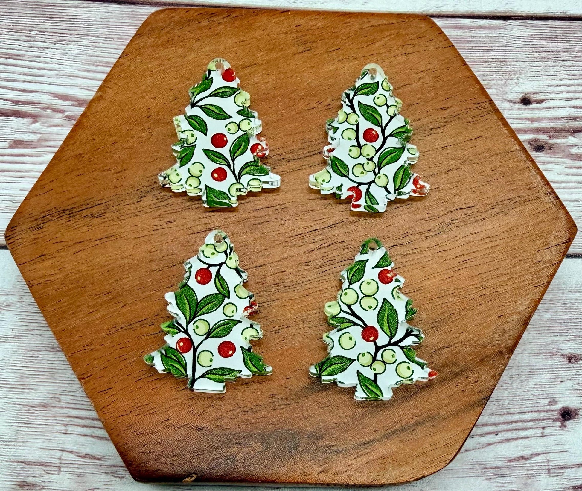 Set of 2 Pair Christmas Tree Berries and Vines Print Acrylic Earring Blanks DIY Jewelry Making