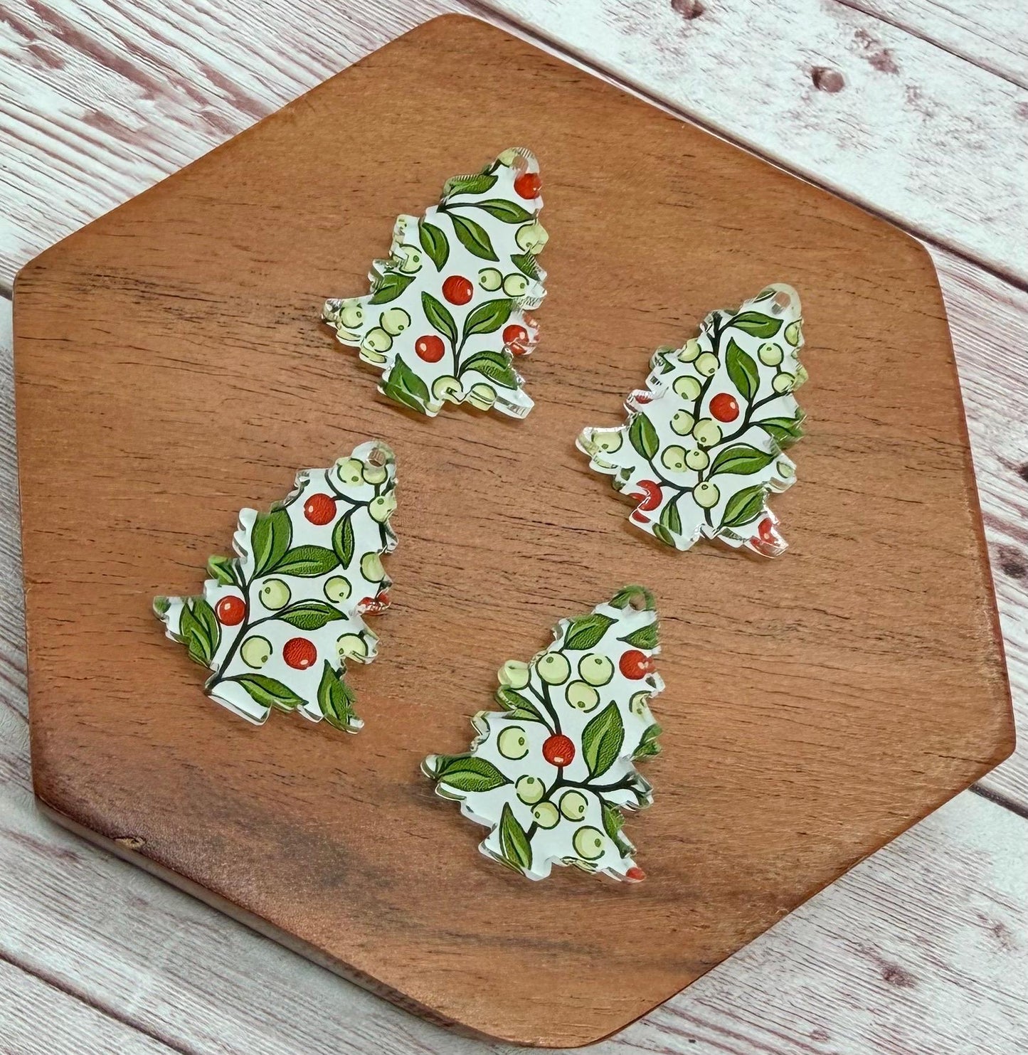 Set of 2 Pair Christmas Tree Berries and Vines Print Acrylic Earring Blanks DIY Jewelry Making