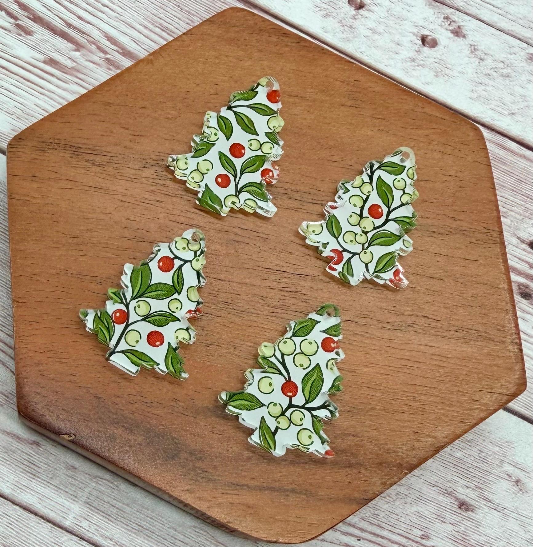 Set of 2 Pair Christmas Tree Berries and Vines Print Acrylic Earring Blanks DIY Jewelry Making