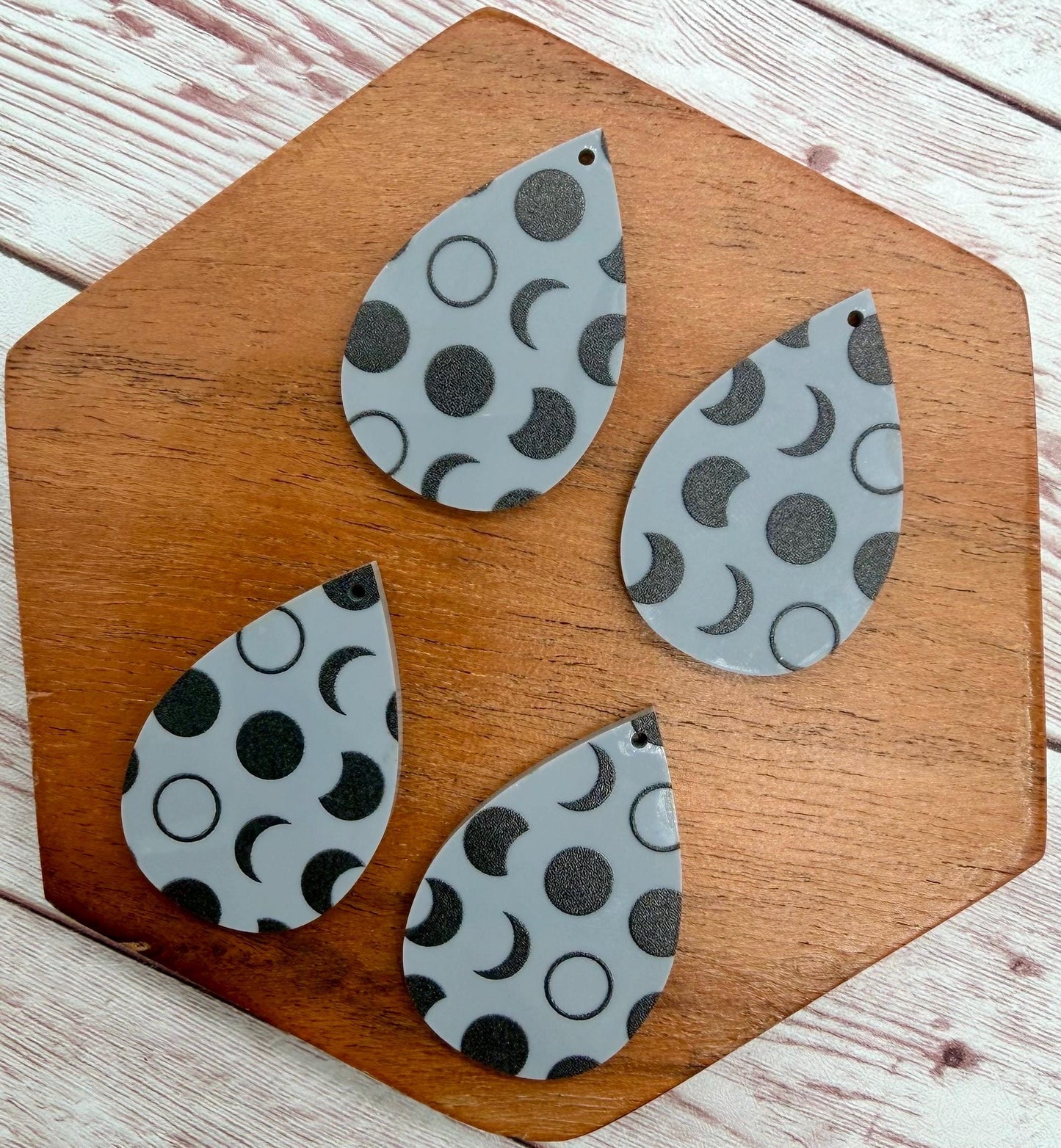 Grey and Black Print Moon Phases Acrylic Teardrop Earring Blanks, DIY Jewelry Making