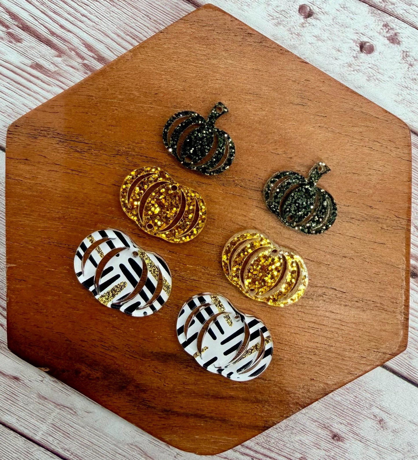 Black, White, and Gold Print Stacked Pumpkin Trio Acrylic Earring Blanks, DIY Jewelry Making
