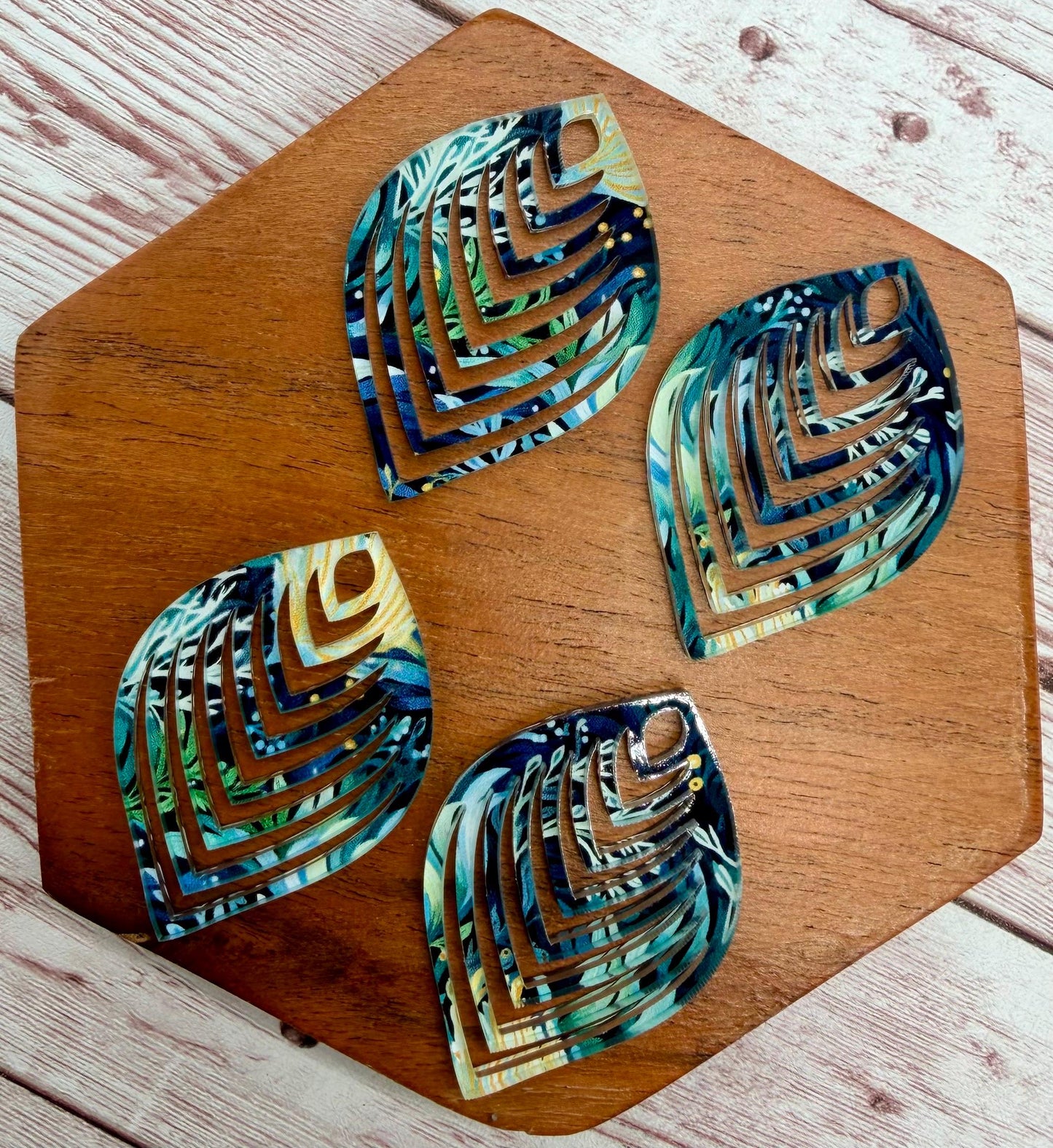 Green, Blue, and Yellow Print Cut Out Rounded Diamond Earring Blanks, DIY Jewelry Making