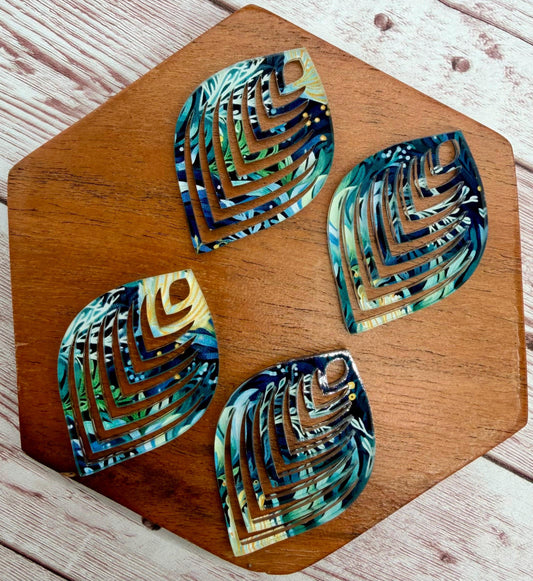 Green, Blue, and Yellow Print Cut Out Rounded Diamond Earring Blanks, DIY Jewelry Making