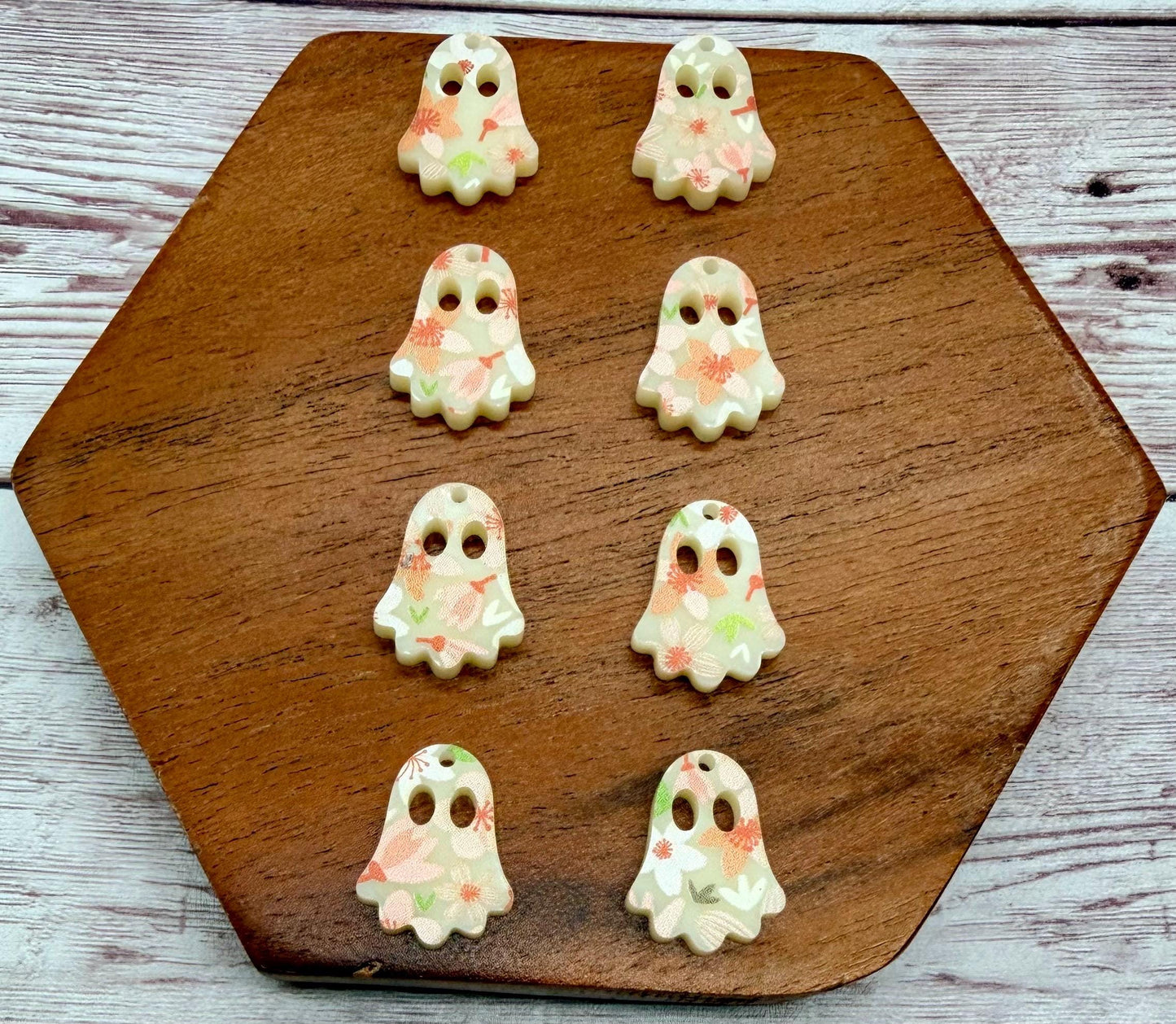 Set of 4 Pair Orange Floral Print on Ivory Acrylic Mini Ghost Dangle Earring Blanks, Halloween, Fall, DIY Jewelry Making