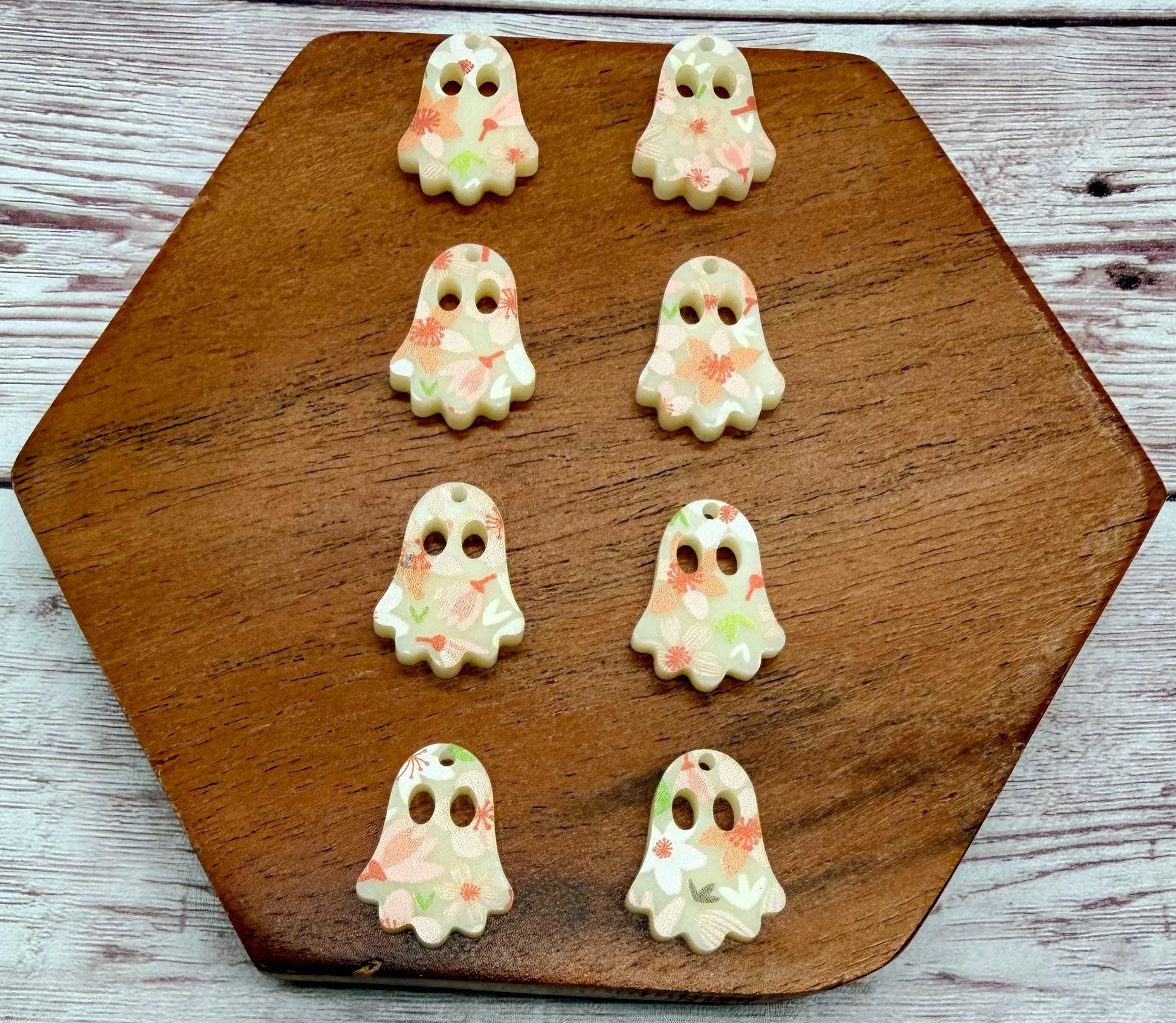 Set of 4 Pair Orange Floral Print on Ivory Acrylic Mini Ghost Dangle Earring Blanks, Halloween, Fall, DIY Jewelry Making