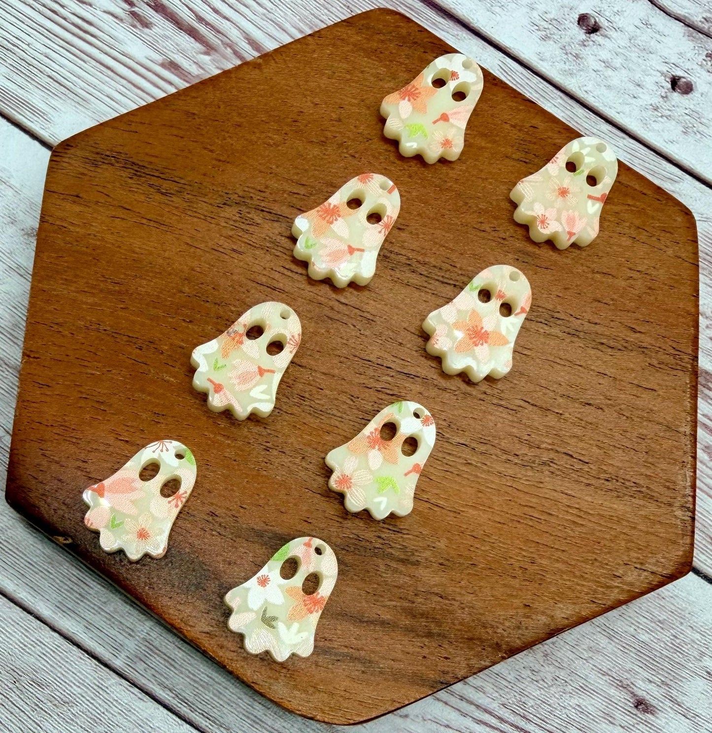 Set of 4 Pair Orange Floral Print on Ivory Acrylic Mini Ghost Dangle Earring Blanks, Halloween, Fall, DIY Jewelry Making