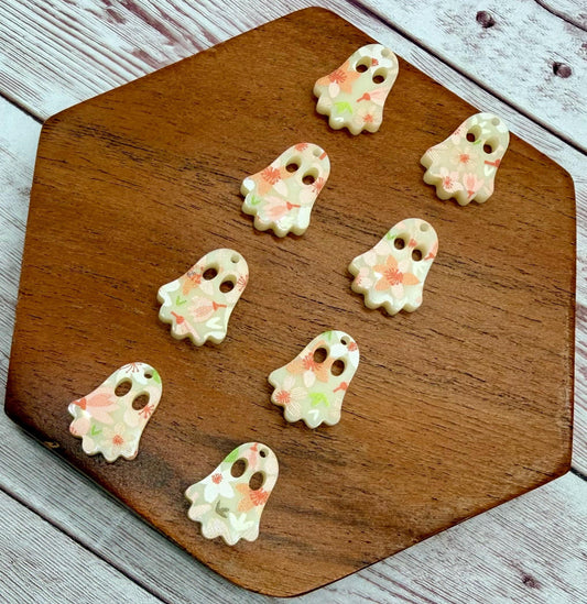 Set of 4 Pair Orange Floral Print on Ivory Acrylic Mini Ghost Dangle Earring Blanks, Halloween, Fall, DIY Jewelry Making