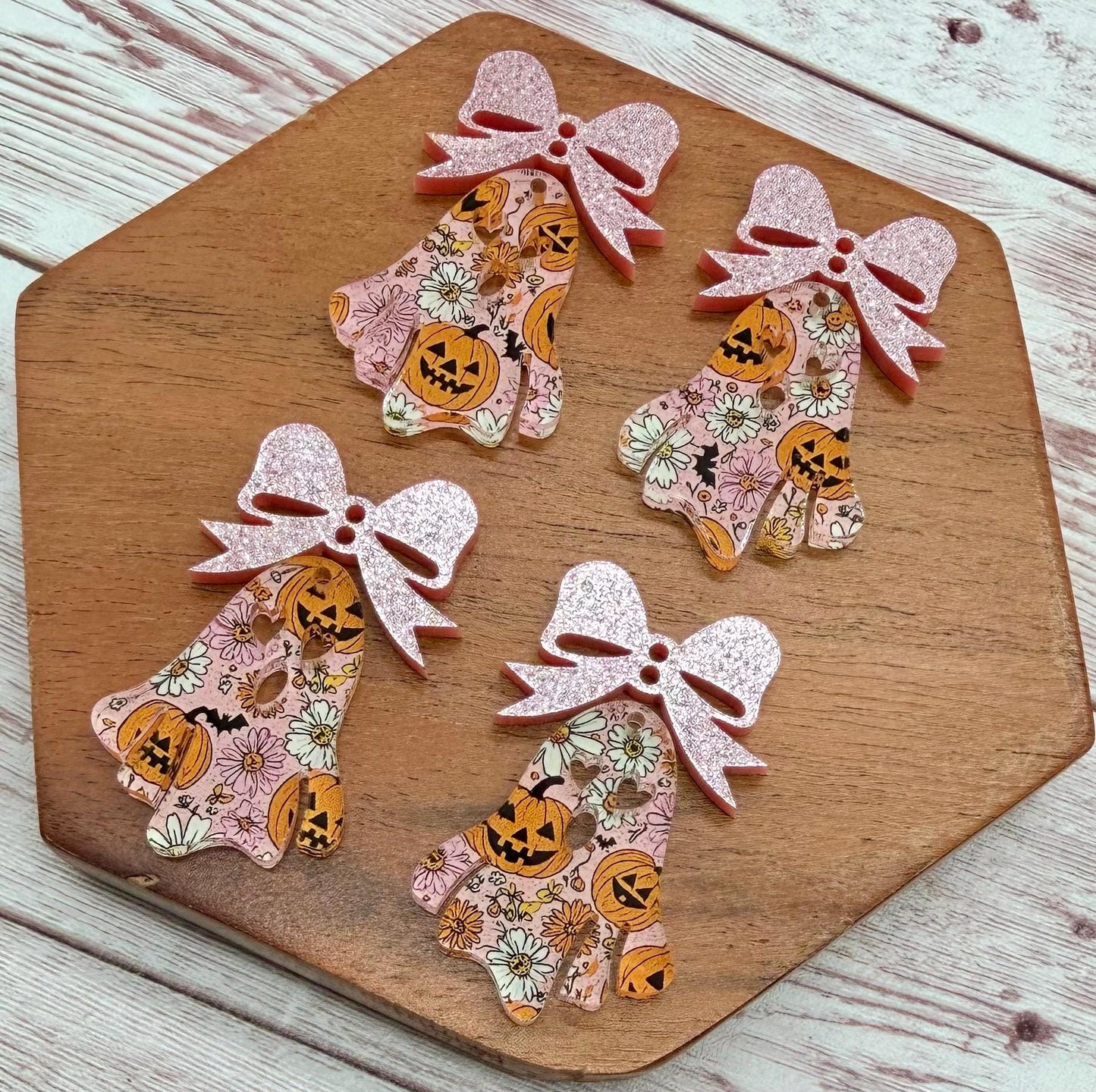 Halloween Flower and Pumpkin Print Ghost and Pink Glitter Bow Fall Halloween Set Earring Blanks, DIY Jewelry Making