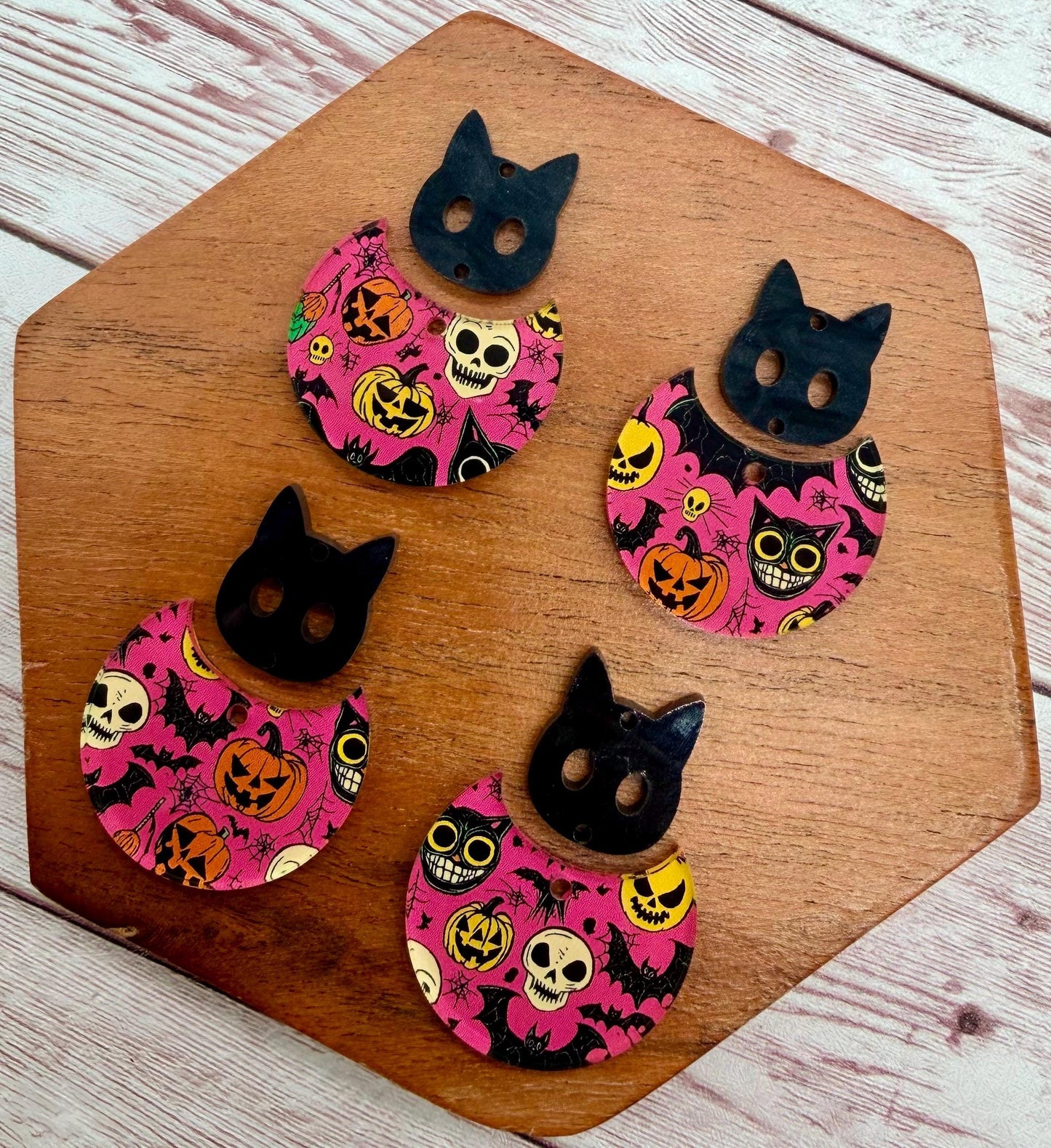 Pink Halloween Print Acrylic and Cat Face Connector, Fall Halloween Set Earring Blanks, DIY Jewelry Making
