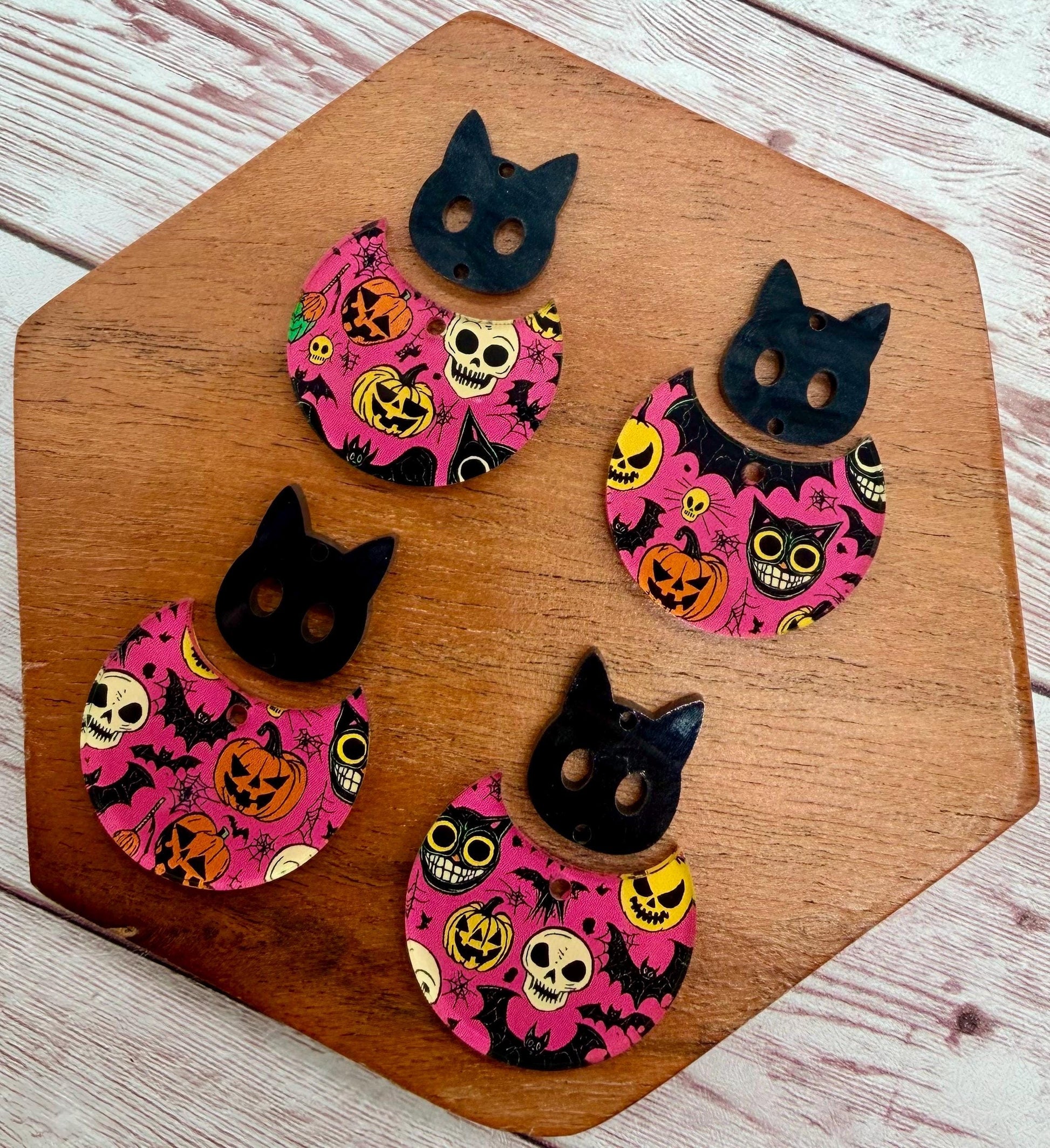 Pink Halloween Print Acrylic and Cat Face Connector, Fall Halloween Set Earring Blanks, DIY Jewelry Making