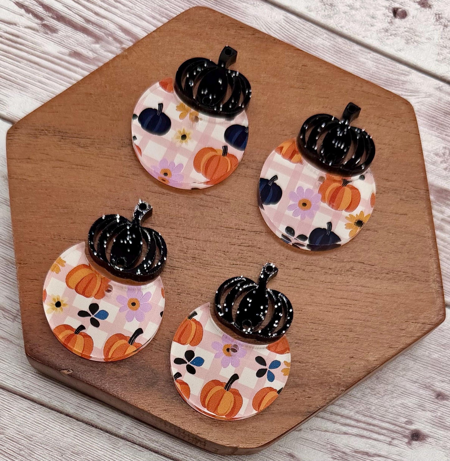 Pink, Black, and Orange Flower and Pumpkin Print Acrylic and Pumpkin Connector, Fall Halloween Set Earring Blanks, DIY Jewelry Making