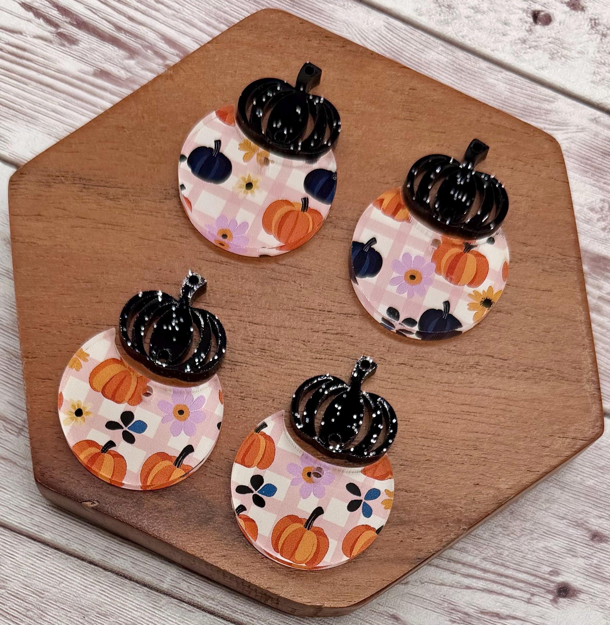 Pink, Black, and Orange Flower and Pumpkin Print Acrylic and Pumpkin Connector, Fall Halloween Set Earring Blanks, DIY Jewelry Making