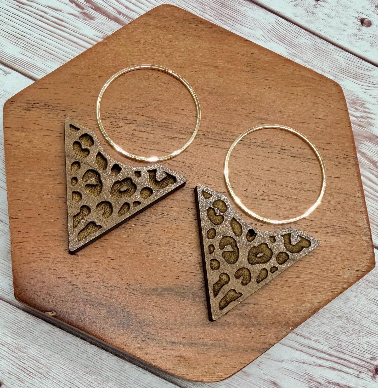Engraved Leopard Print Reverse Triangle and Gold Hoop Set Earring Blanks, DIY Jewelry Making