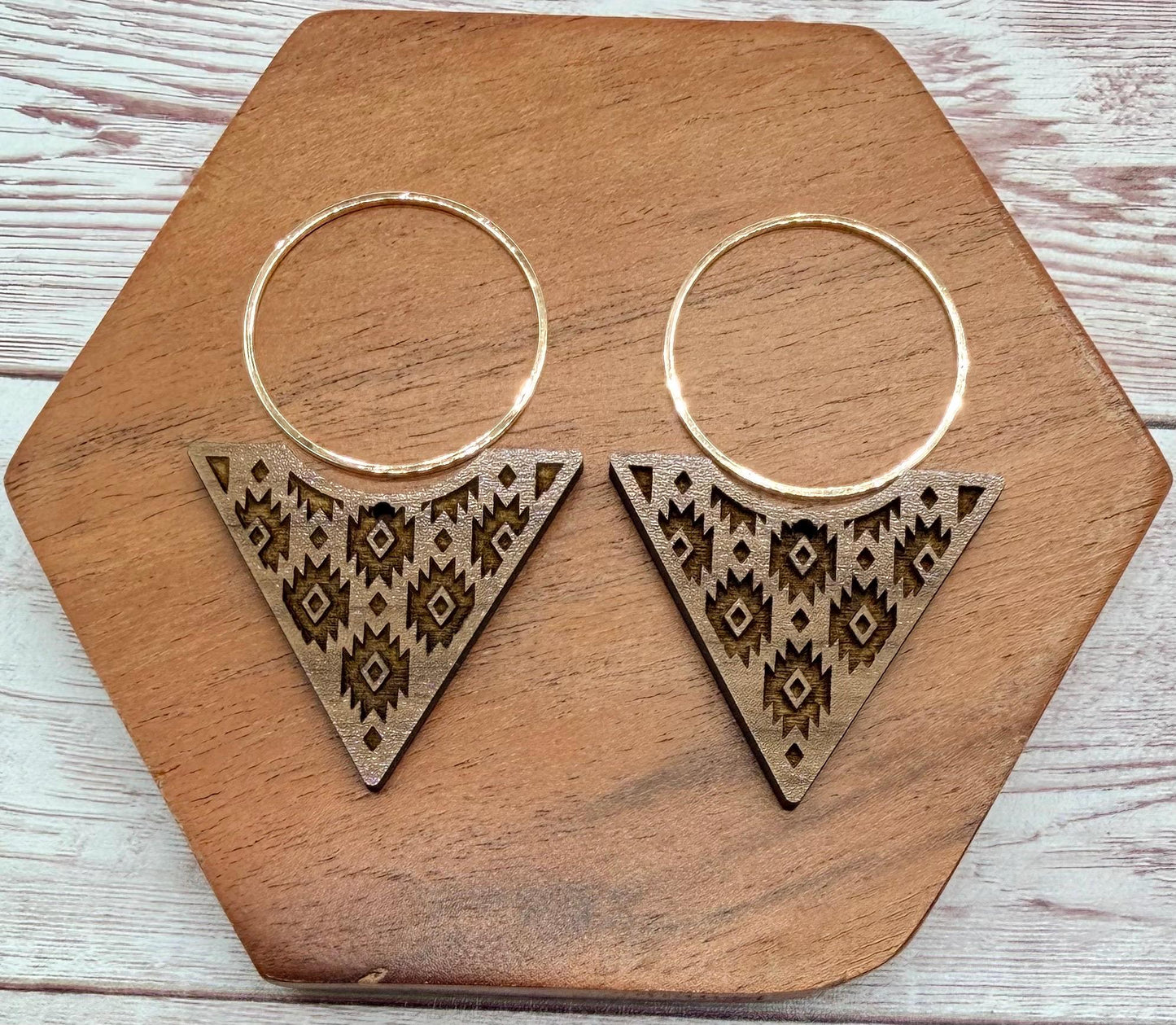 Engraved Aztec Tribal Print Reverse Triangle and Gold Hoop Set Earring Blanks, DIY Jewelry Making