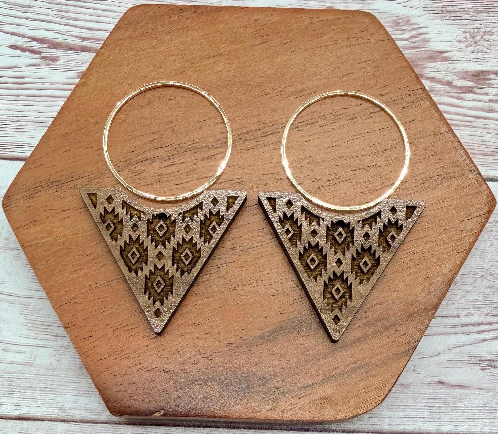 Engraved Aztec Tribal Print Reverse Triangle and Gold Hoop Set Earring Blanks, DIY Jewelry Making