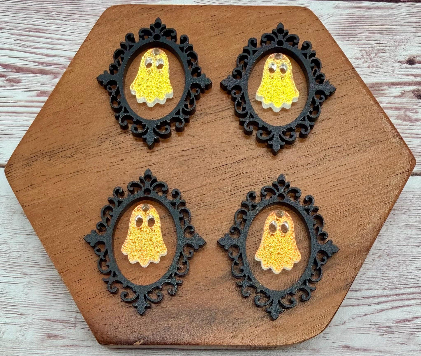 Intricate Vintage Frame and Ghost Black and Textured Iridescent Acrylic Fall Halloween Set Earring Blanks, DIY Jewelry Making