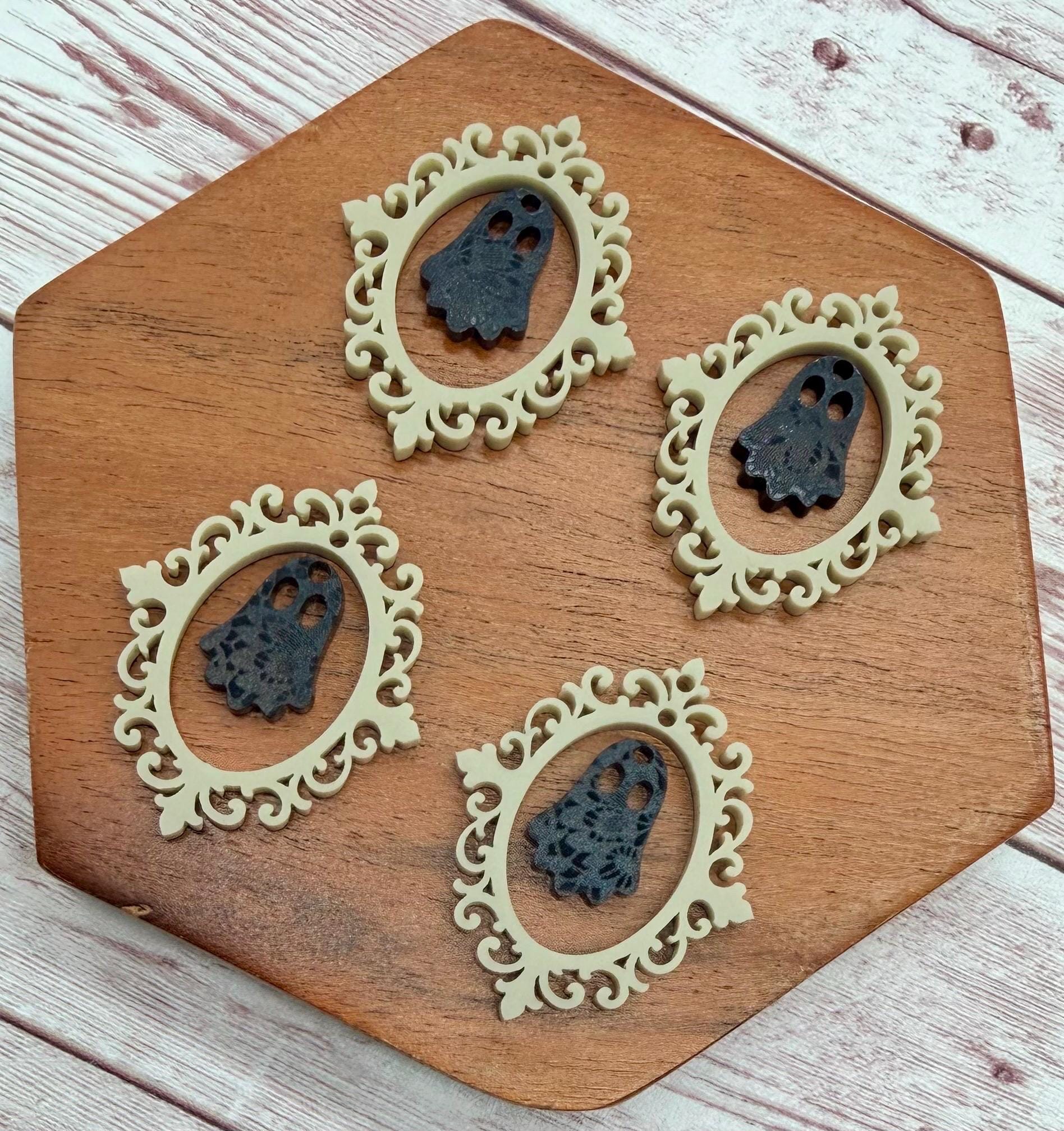 Intricate Vintage Frame and Ghost Beige and Black Lace Acrylic Fall Halloween Set Earring Blanks, DIY Jewelry Making