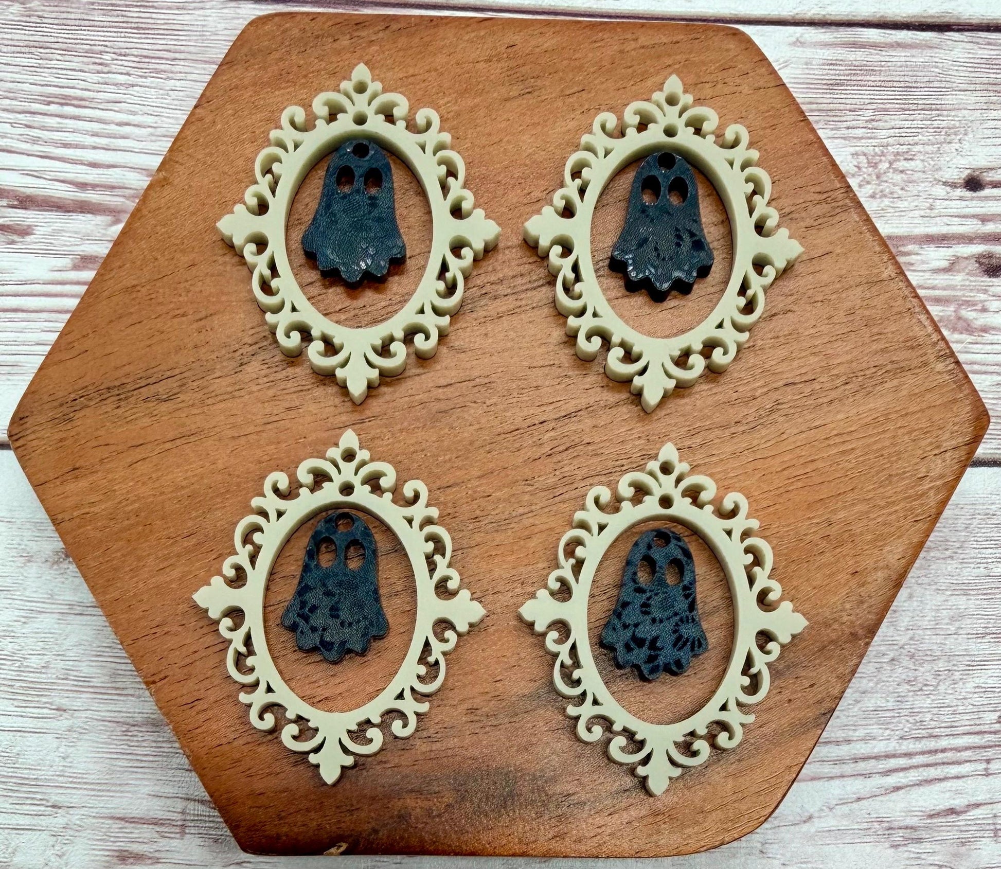 Intricate Vintage Frame and Ghost Beige and Black Lace Acrylic Fall Halloween Set Earring Blanks, DIY Jewelry Making