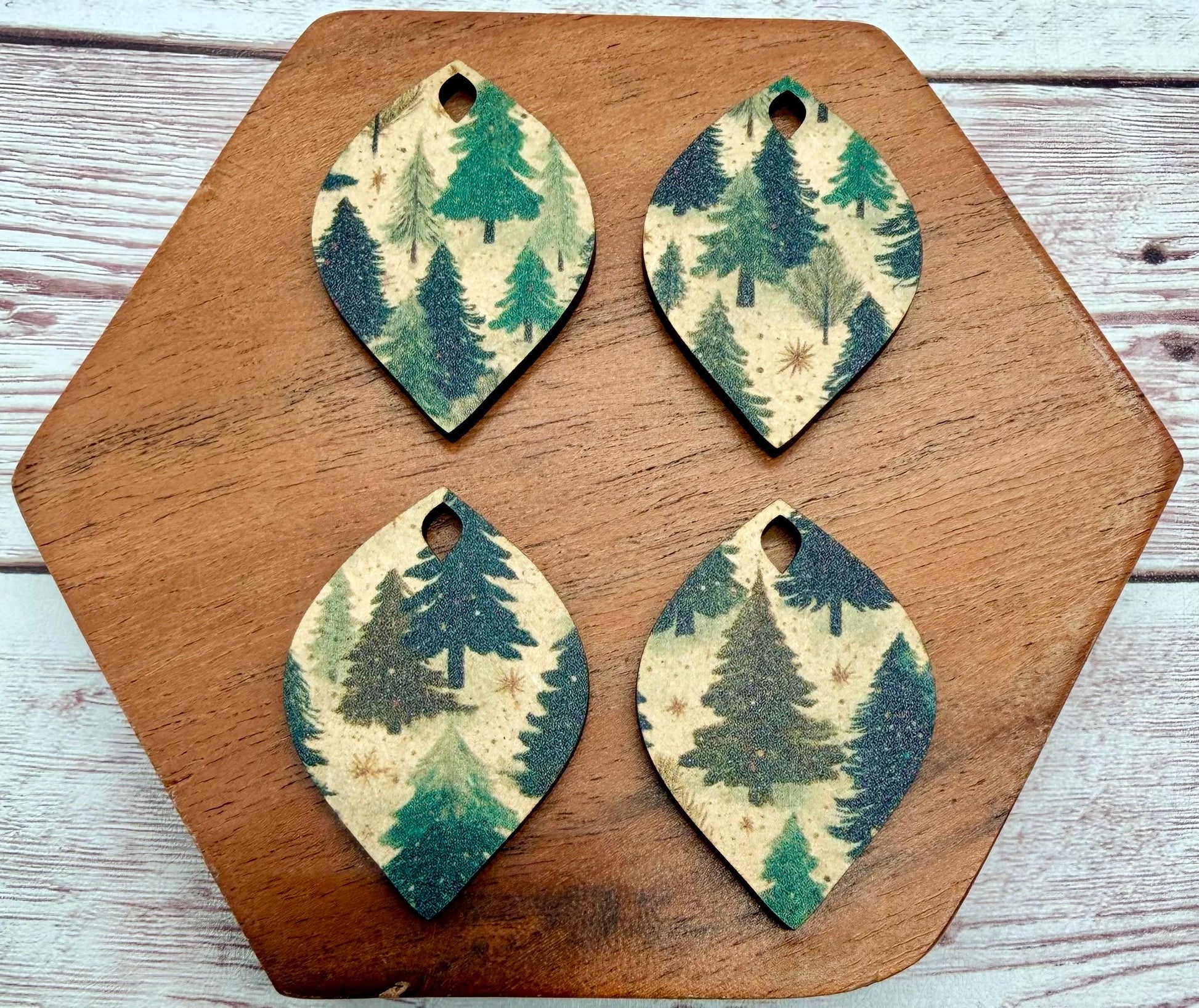 Patterned Winter Tree Print Wood Earring Blanks, Christmas, Holiday, DIY Jewelry Making