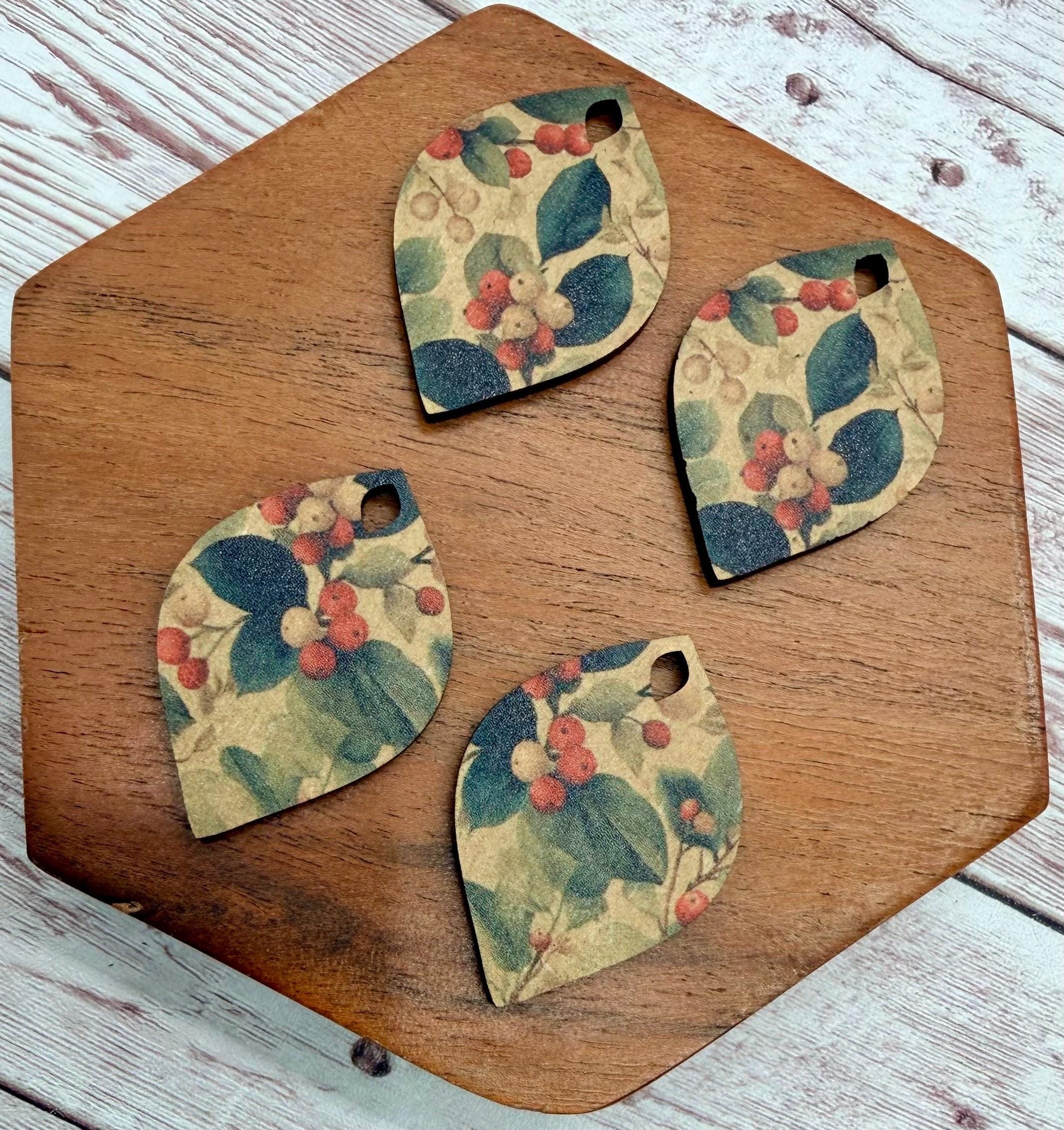 Patterned Winter Leaves and Berry Print Wood Earring Blanks, Christmas, Holiday, DIY Jewelry Making