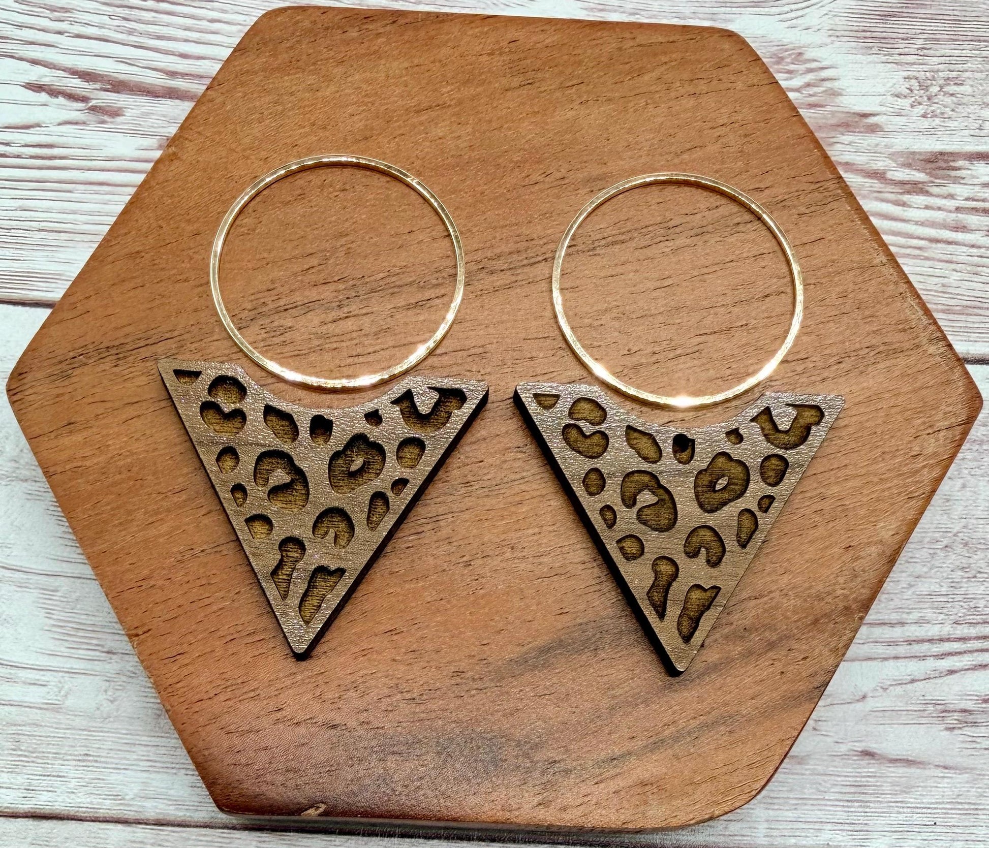Engraved Leopard Print Reverse Triangle and Gold Hoop Set Earring Blanks, DIY Jewelry Making
